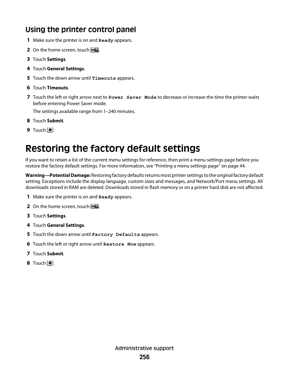 Restoring the factory default settings, Using the printer control panel | Dell 5535dn Mono Laser MFP User Manual | Page 256 / 302