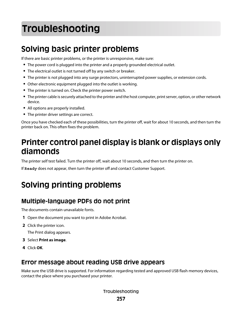Troubleshooting, Solving basic printer problems, Solving printing problems | Multiple-language pdfs do not print, Error message about reading usb drive appears | Dell 5535dn Mono Laser MFP User Manual | Page 257 / 302