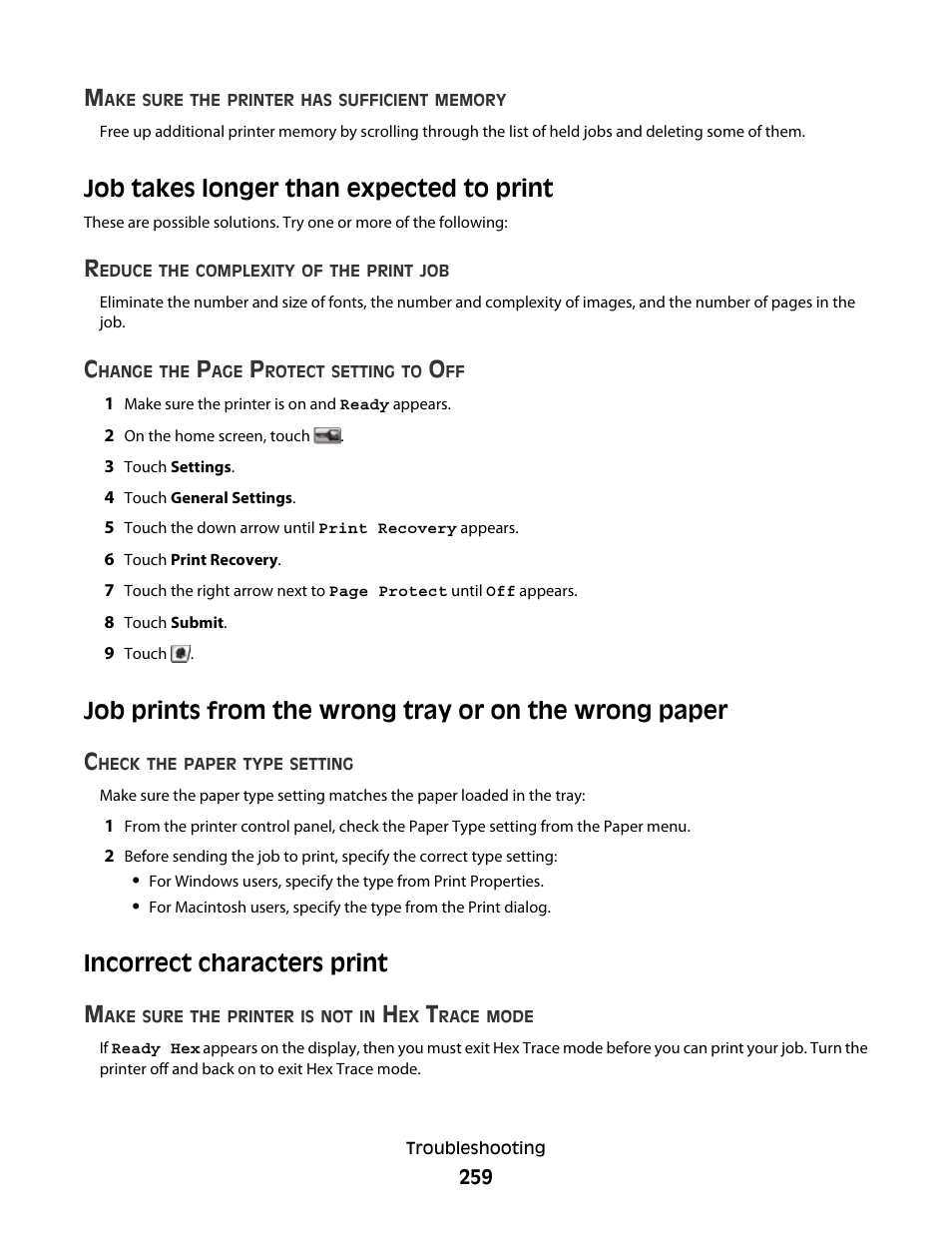 Job takes longer than expected to print, Incorrect characters print, Incorrect characters print m | Dell 5535dn Mono Laser MFP User Manual | Page 259 / 302