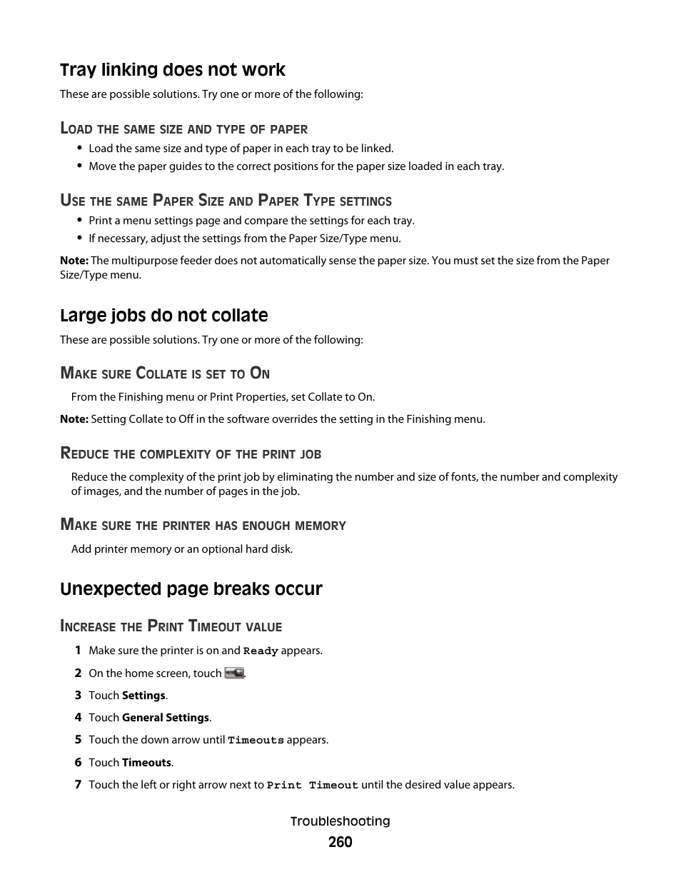 Tray linking does not work, Large jobs do not collate, Unexpected page breaks occur i | Dell 5535dn Mono Laser MFP User Manual | Page 260 / 302