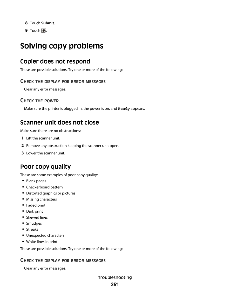 Solving copy problems, Copier does not respond, Scanner unit does not close | Poor copy quality | Dell 5535dn Mono Laser MFP User Manual | Page 261 / 302