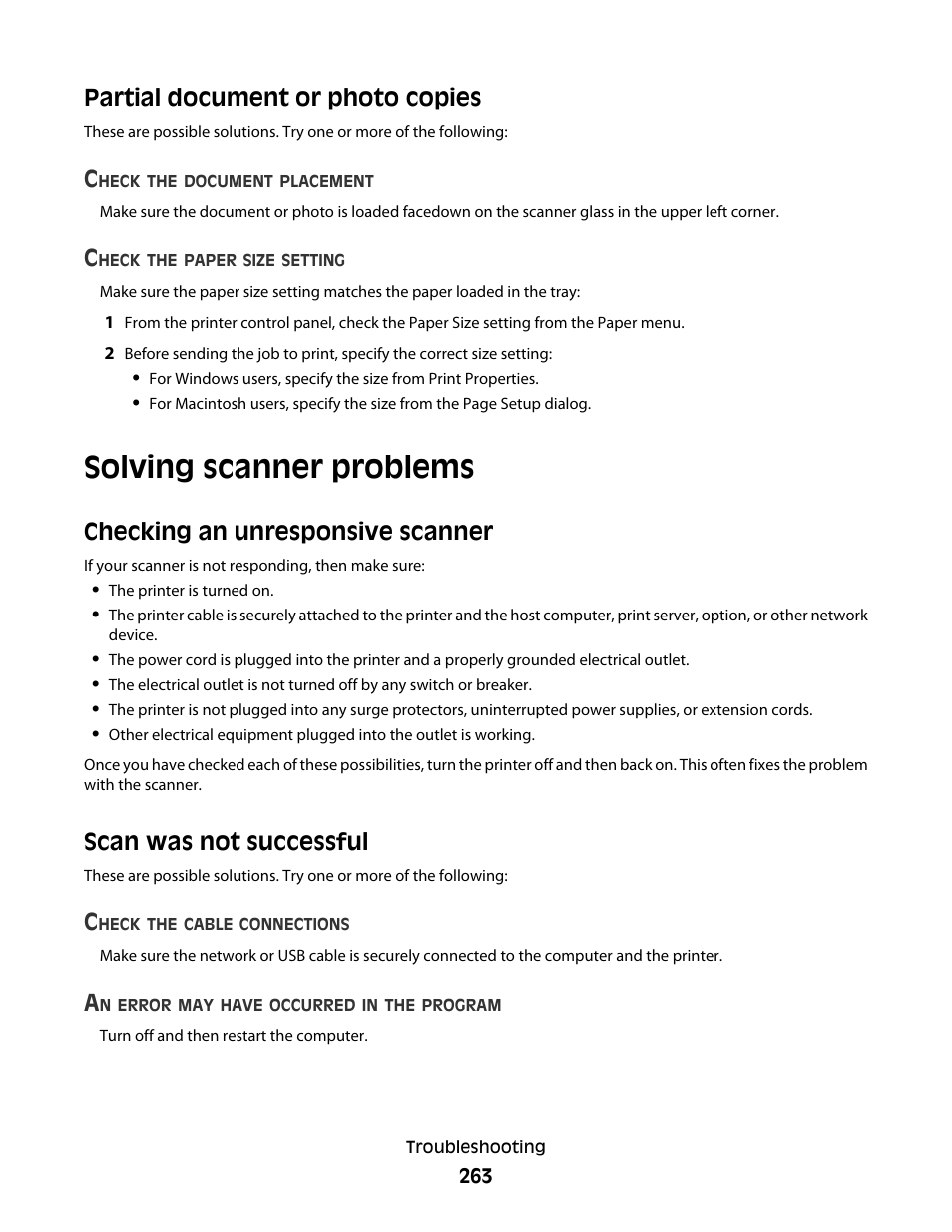 Partial document or photo copies, Solving scanner problems, Checking an unresponsive scanner | Scan was not successful | Dell 5535dn Mono Laser MFP User Manual | Page 263 / 302