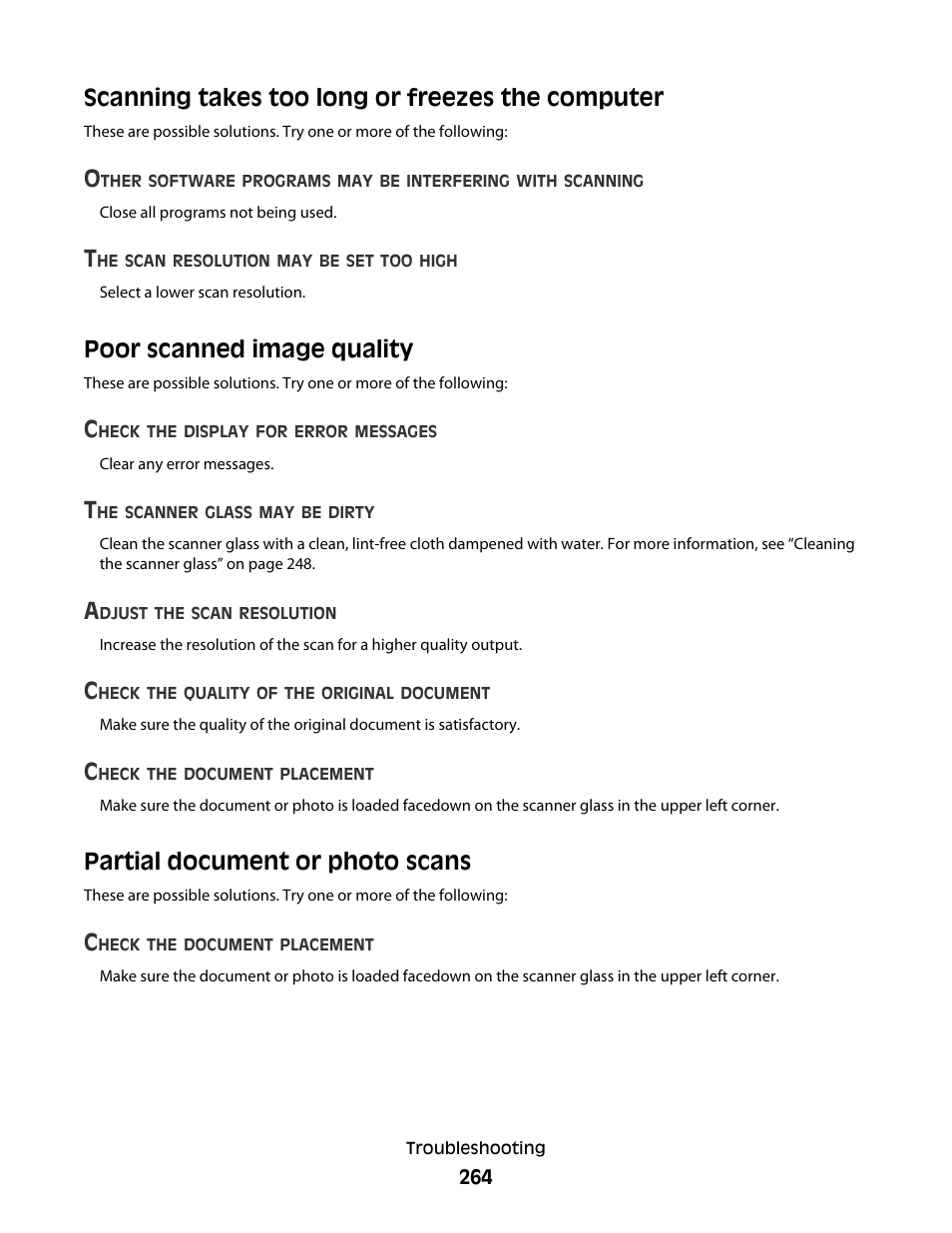 Scanning takes too long or freezes the computer, Poor scanned image quality, Partial document or photo scans | Dell 5535dn Mono Laser MFP User Manual | Page 264 / 302