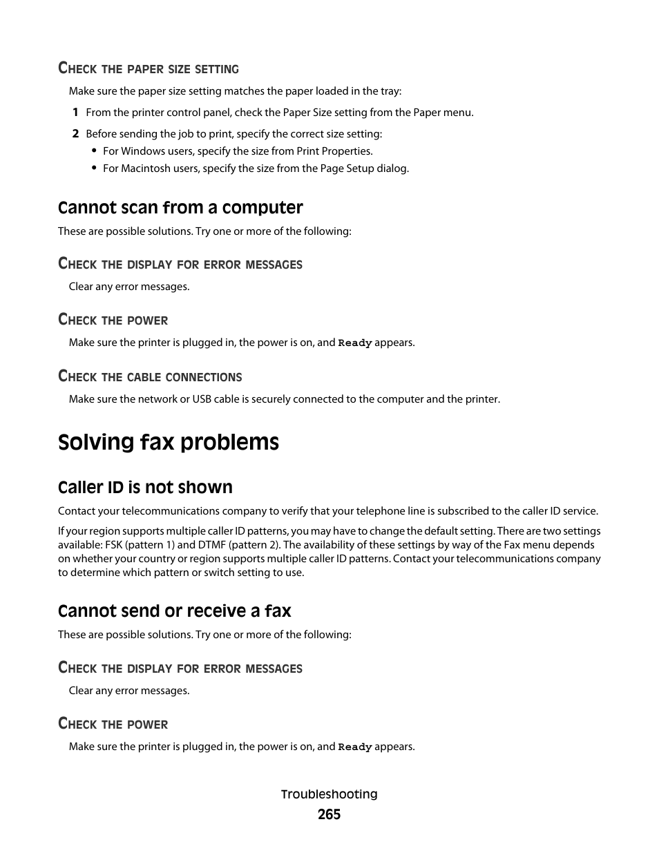 Cannot scan from a computer, Solving fax problems, Caller id is not shown | Cannot send or receive a fax | Dell 5535dn Mono Laser MFP User Manual | Page 265 / 302