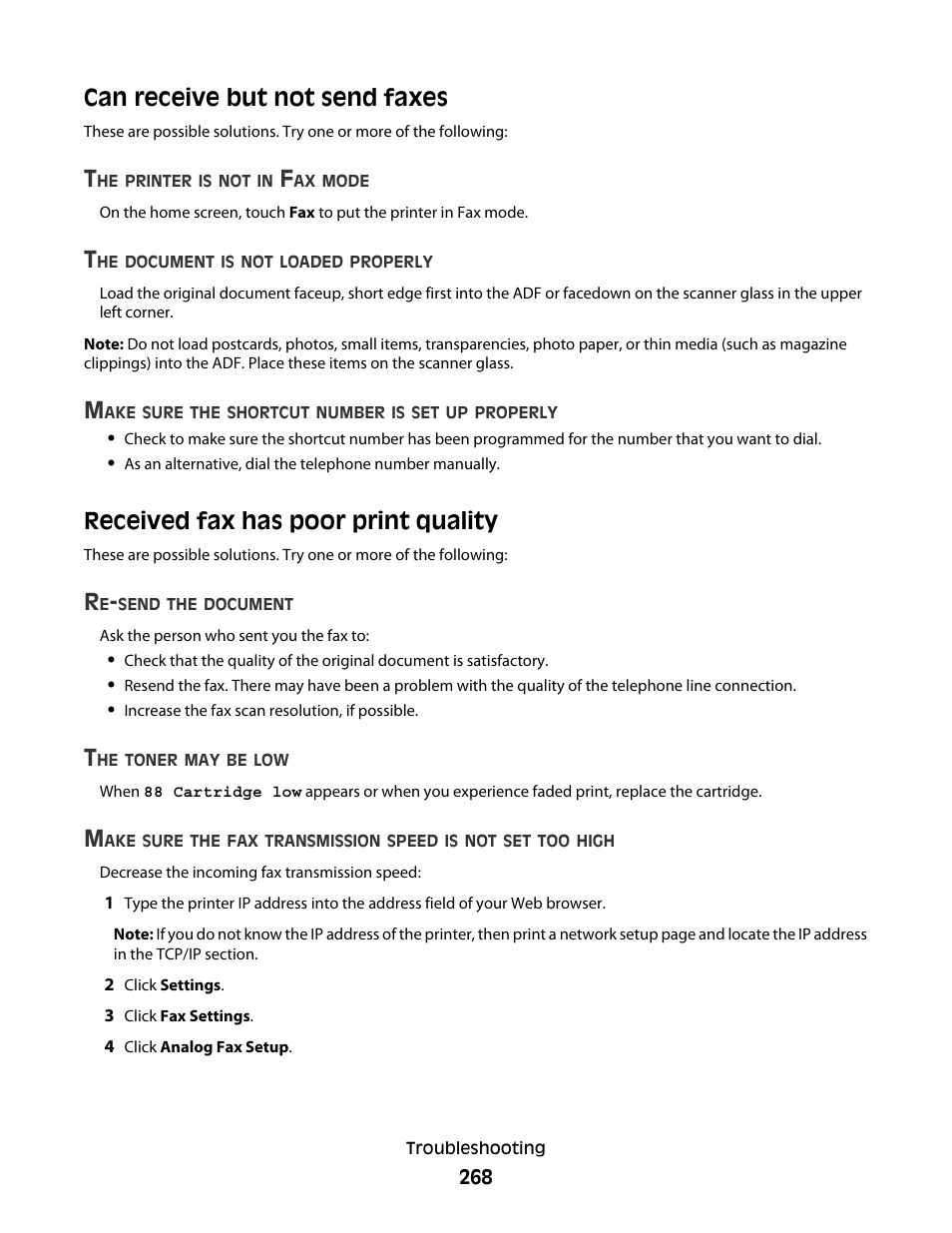 Can receive but not send faxes, Received fax has poor print quality | Dell 5535dn Mono Laser MFP User Manual | Page 268 / 302