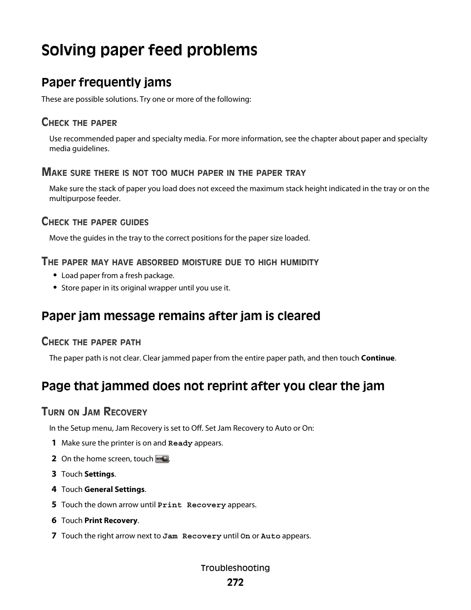 Solving paper feed problems, Paper frequently jams, Paper jam message remains after jam is cleared | Paper jam message remains after jam is cleared c | Dell 5535dn Mono Laser MFP User Manual | Page 272 / 302