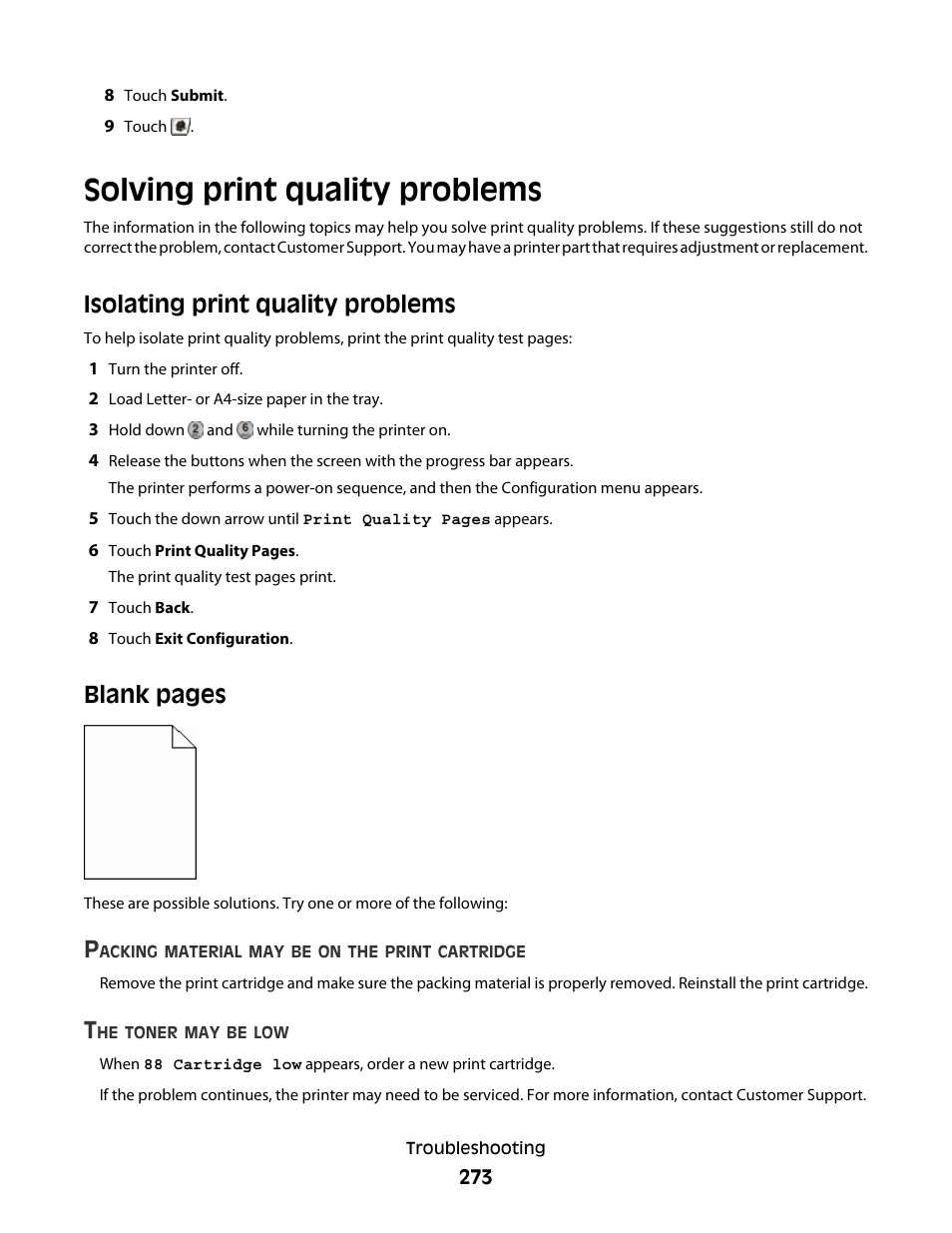 Solving print quality problems, Isolating print quality problems, Blank pages | Dell 5535dn Mono Laser MFP User Manual | Page 273 / 302