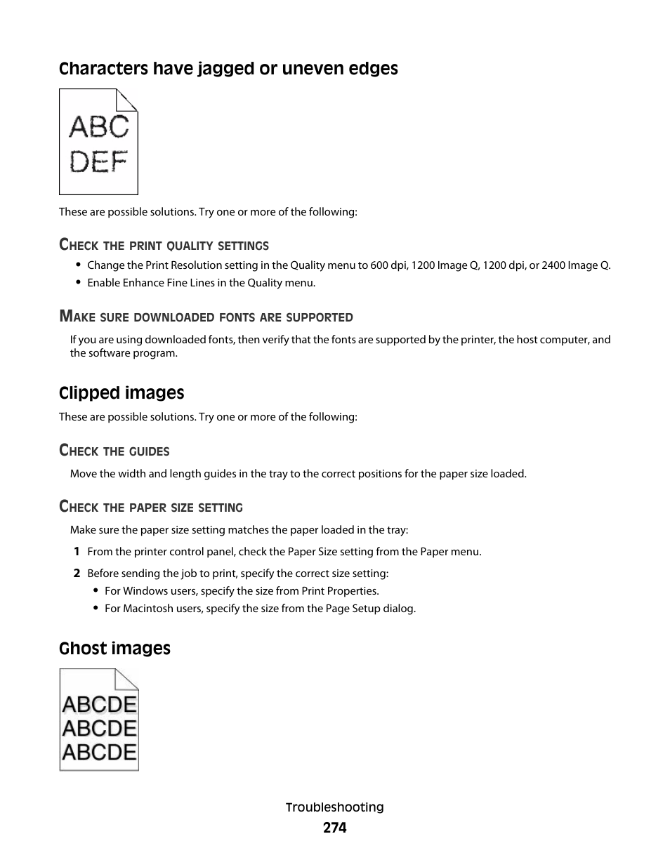 Characters have jagged or uneven edges, Clipped images, Ghost images | Dell 5535dn Mono Laser MFP User Manual | Page 274 / 302