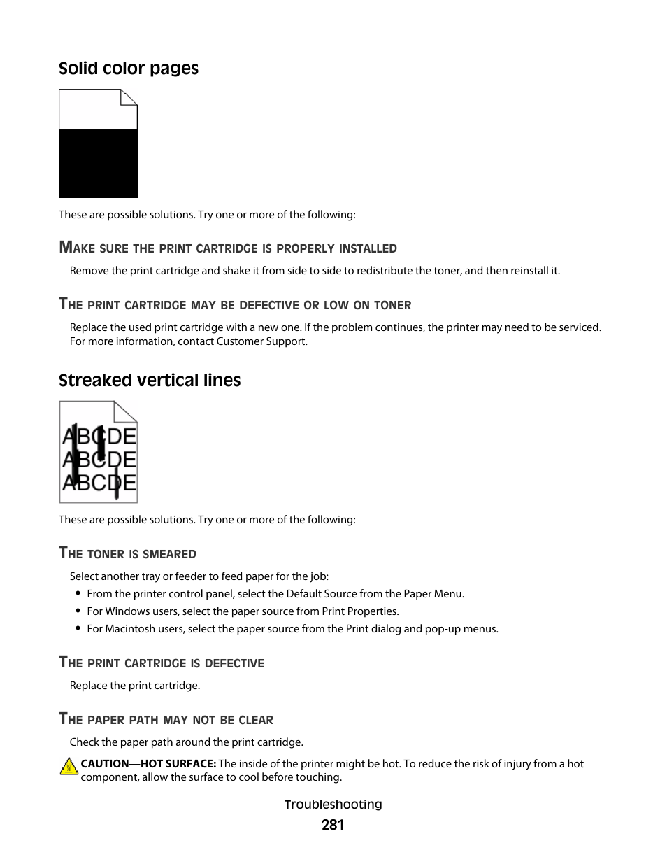 Streaked vertical lines, Solid color pages | Dell 5535dn Mono Laser MFP User Manual | Page 281 / 302