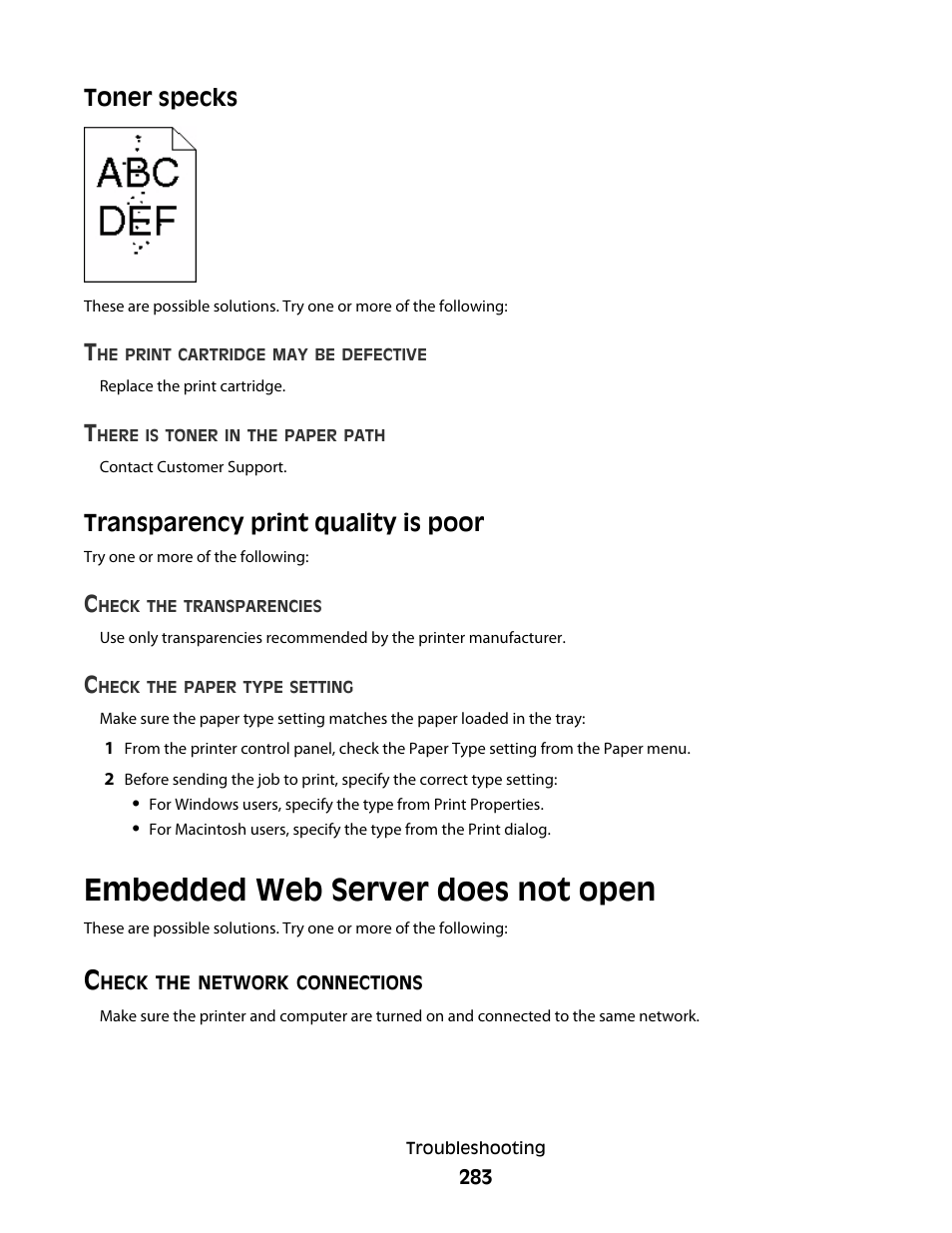 Toner specks, Transparency print quality is poor, Embedded web server does not open | Check the network connections, Toner specks transparency print quality is poor | Dell 5535dn Mono Laser MFP User Manual | Page 283 / 302