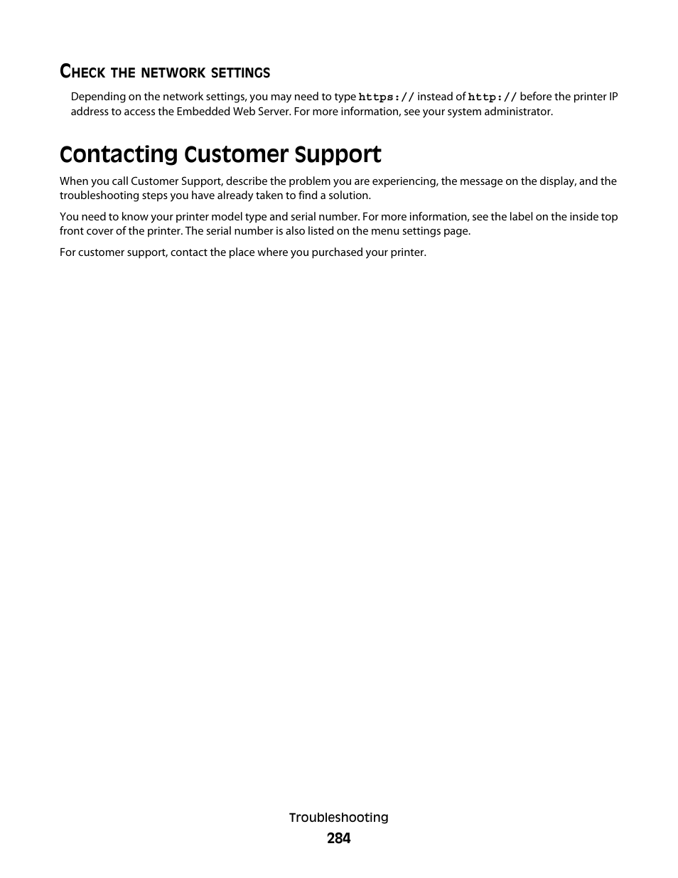 Check the network settings, Contacting customer support | Dell 5535dn Mono Laser MFP User Manual | Page 284 / 302