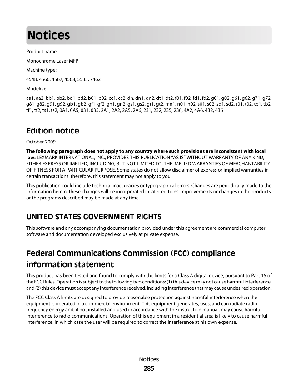 Notices, Edition notice, United states government rights | Dell 5535dn Mono Laser MFP User Manual | Page 285 / 302