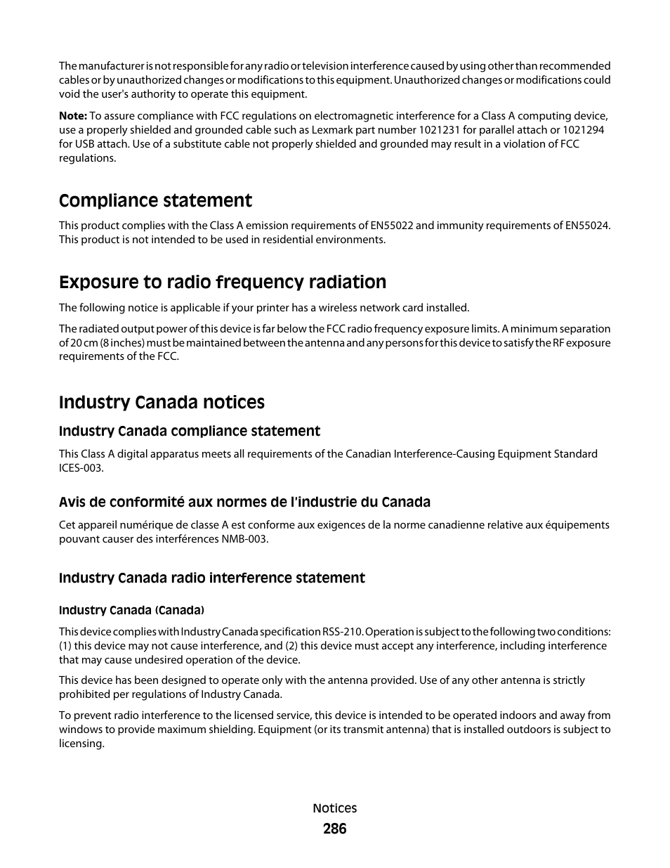 Compliance statement, Exposure to radio frequency radiation, Industry canada notices | Industry canada radio interference statement | Dell 5535dn Mono Laser MFP User Manual | Page 286 / 302