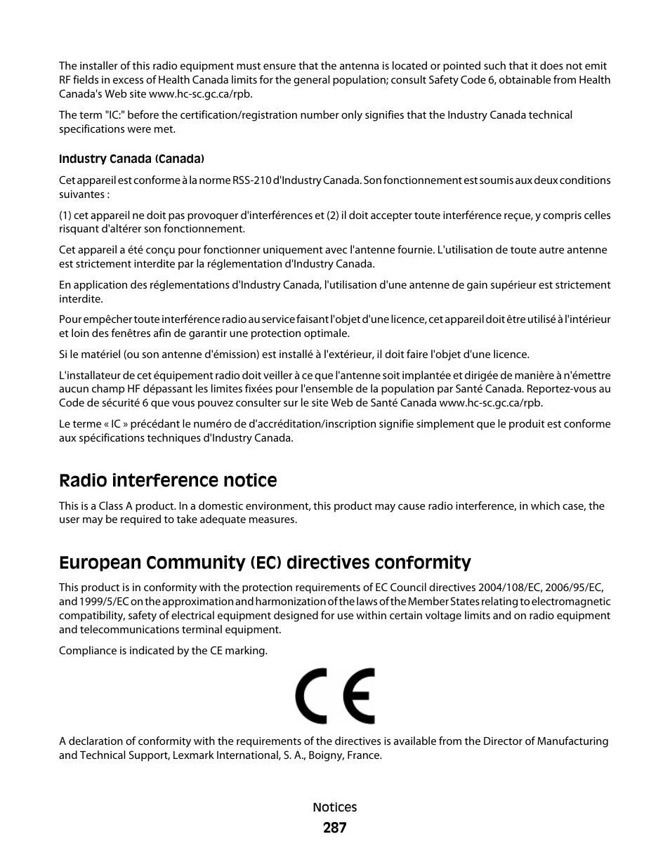 Radio interference notice, European community (ec) directives conformity | Dell 5535dn Mono Laser MFP User Manual | Page 287 / 302