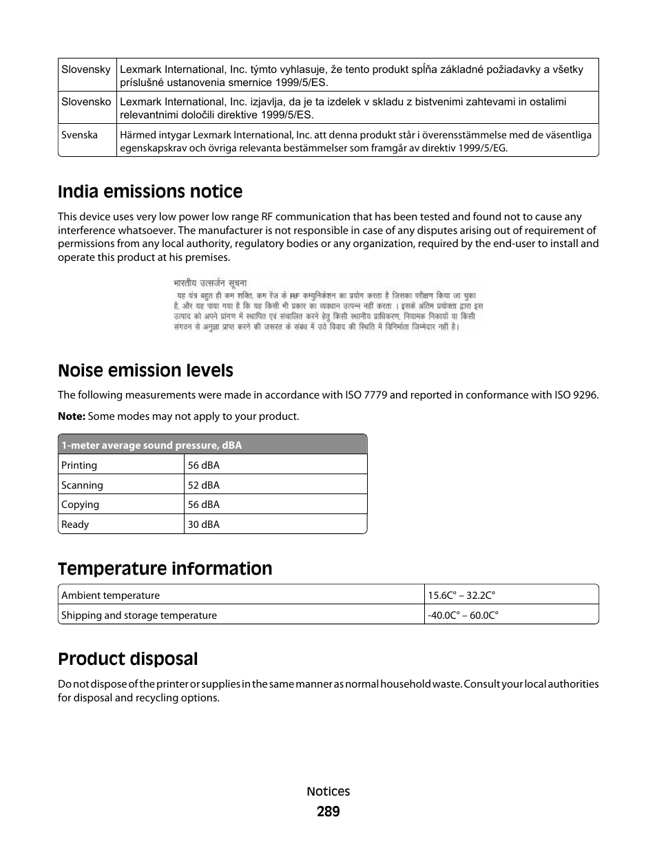 India emissions notice, Noise emission levels, Temperature information | Product disposal | Dell 5535dn Mono Laser MFP User Manual | Page 289 / 302