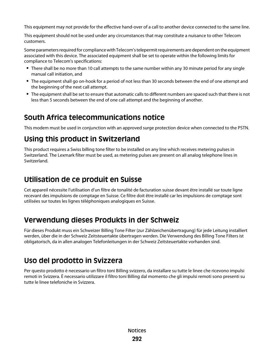South africa telecommunications notice, Using this product in switzerland, Utilisation de ce produit en suisse | Verwendung dieses produkts in der schweiz, Uso del prodotto in svizzera | Dell 5535dn Mono Laser MFP User Manual | Page 292 / 302