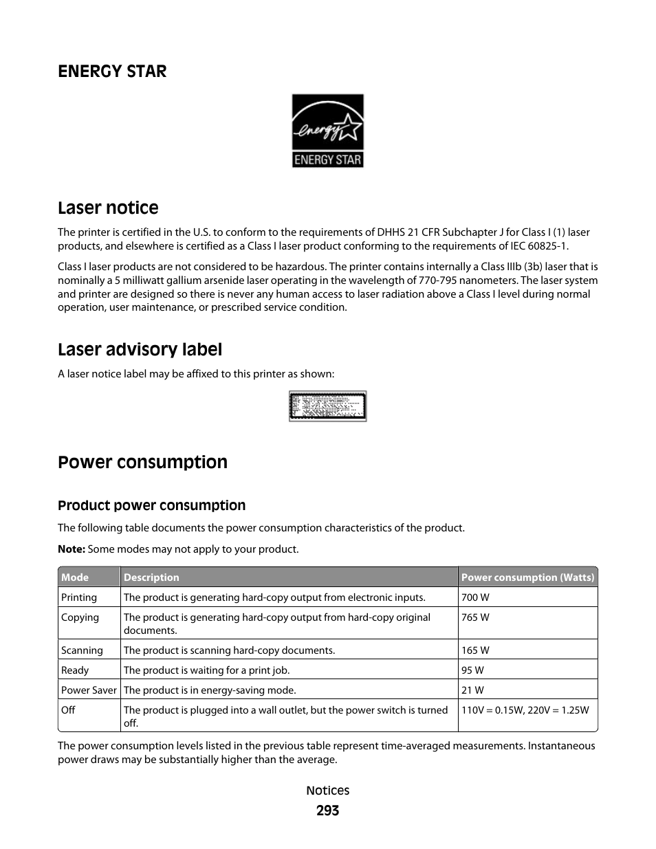 Energy star, Laser notice, Laser advisory label | Power consumption, Product power consumption, Energy star laser notice | Dell 5535dn Mono Laser MFP User Manual | Page 293 / 302