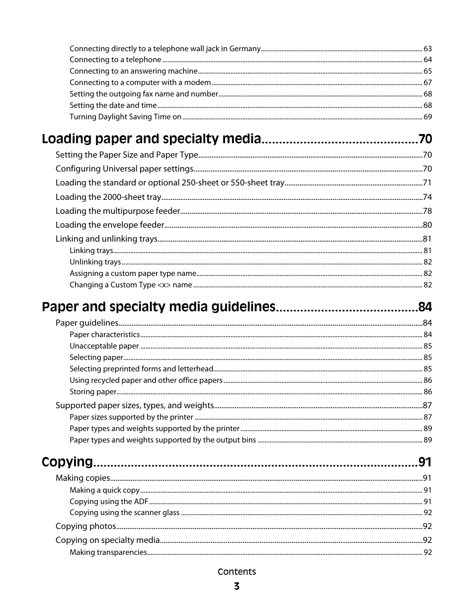 Loading paper and specialty media, Paper and specialty media guidelines, Copying | Dell 5535dn Mono Laser MFP User Manual | Page 3 / 302