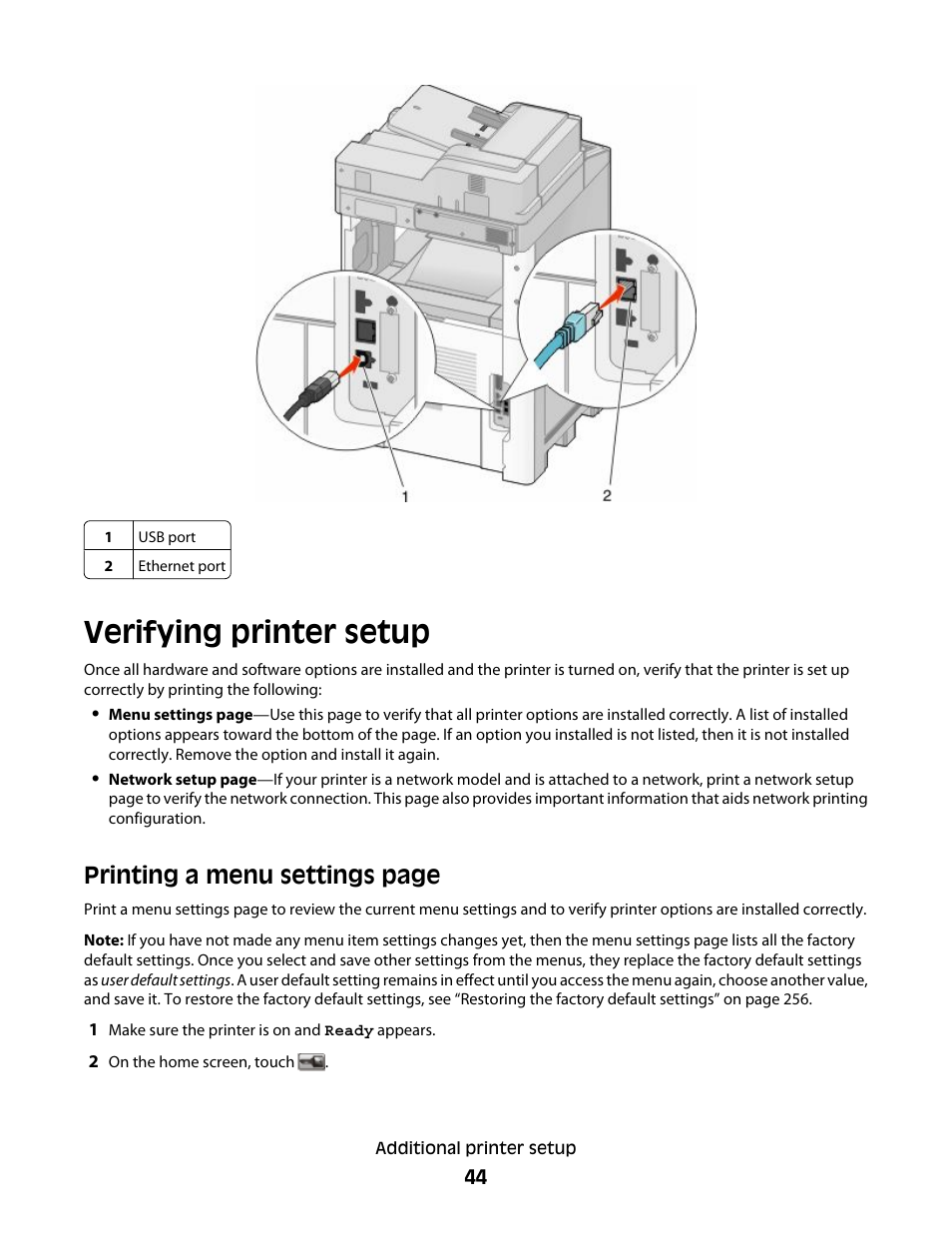 Verifying printer setup, Printing a menu settings page | Dell 5535dn Mono Laser MFP User Manual | Page 44 / 302