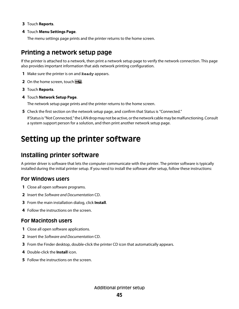 Setting up the printer software, Installing printer software, Printing a network setup page | Dell 5535dn Mono Laser MFP User Manual | Page 45 / 302