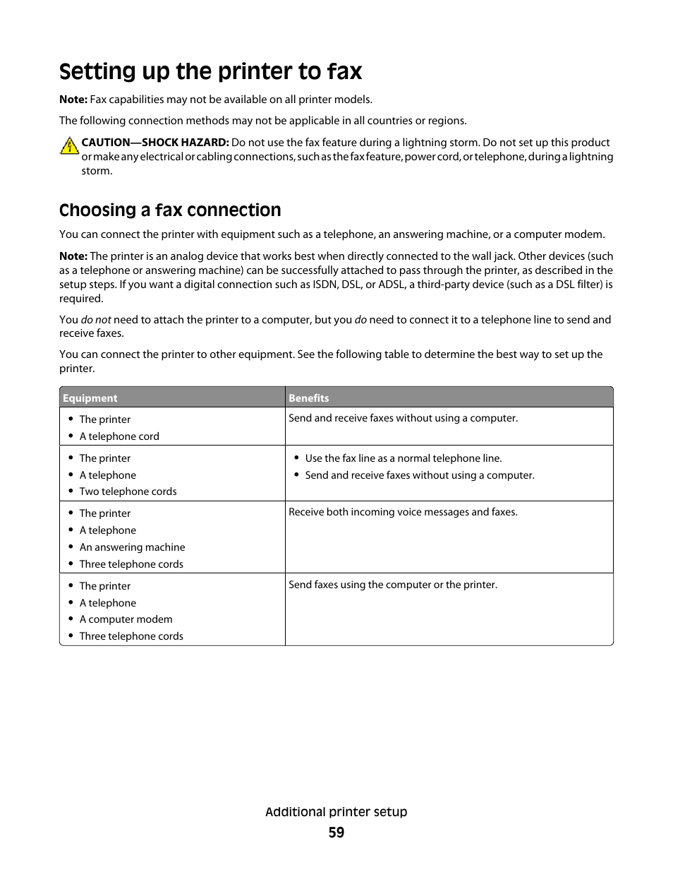 Setting up the printer to fax, Choosing a fax connection | Dell 5535dn Mono Laser MFP User Manual | Page 59 / 302