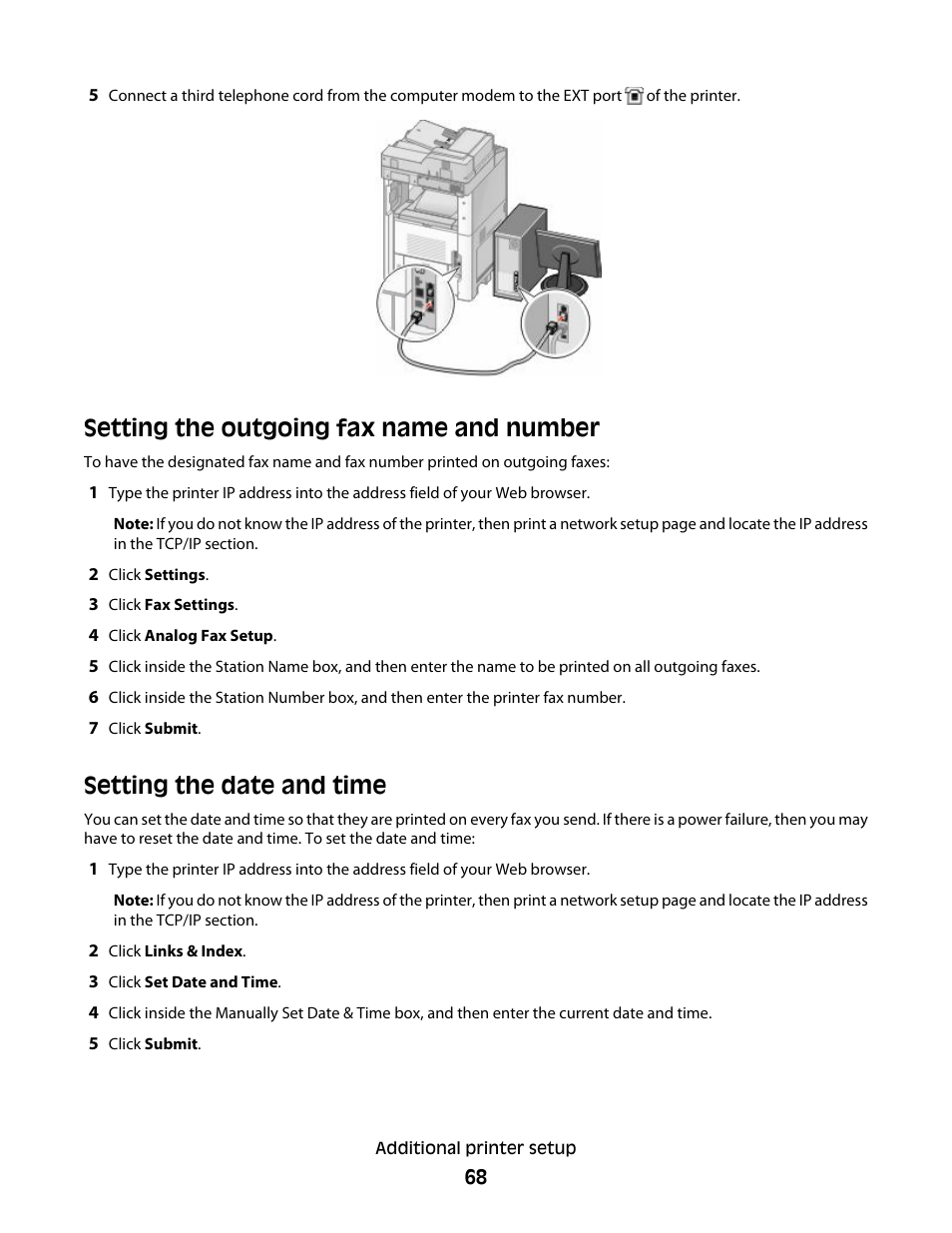 Setting the outgoing fax name and number, Setting the date and time | Dell 5535dn Mono Laser MFP User Manual | Page 68 / 302