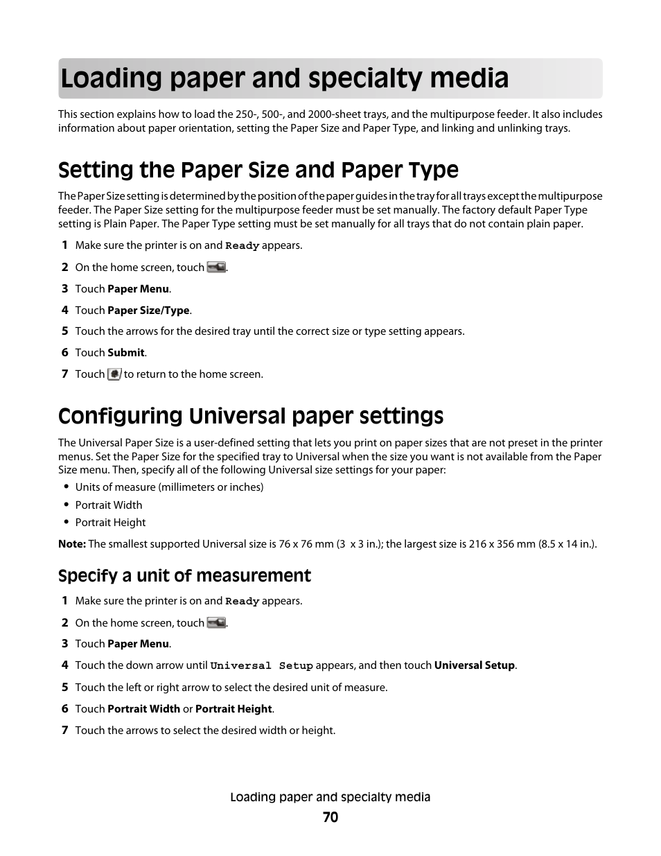 Loading paper and specialty media, Setting the paper size and paper type, Configuring universal paper settings | Specify a unit of measurement | Dell 5535dn Mono Laser MFP User Manual | Page 70 / 302