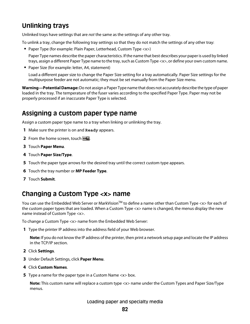Unlinking trays, Assigning a custom paper type name, Changing a custom type <x> name | Dell 5535dn Mono Laser MFP User Manual | Page 82 / 302