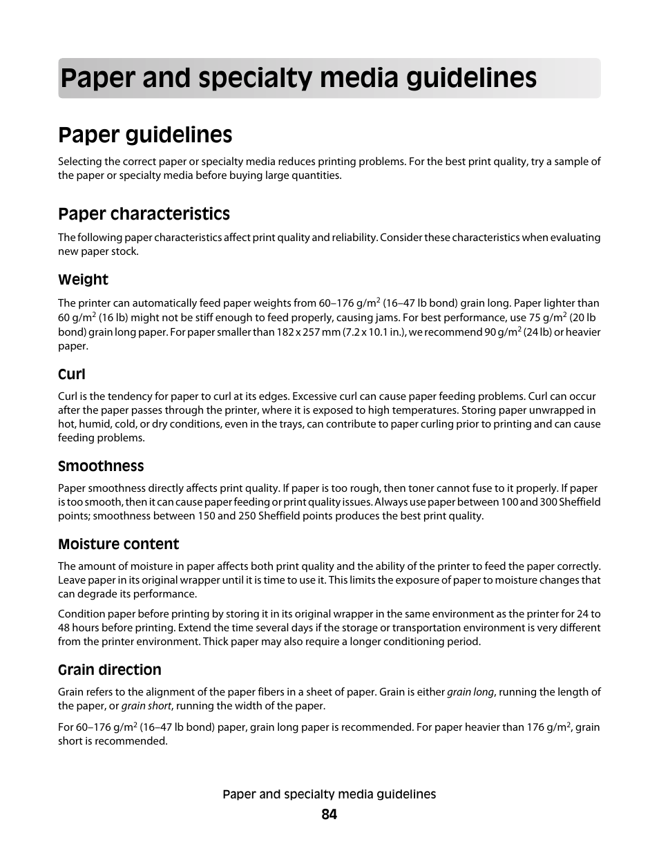 Paper and specialty media guidelines, Paper guidelines, Paper characteristics | Dell 5535dn Mono Laser MFP User Manual | Page 84 / 302