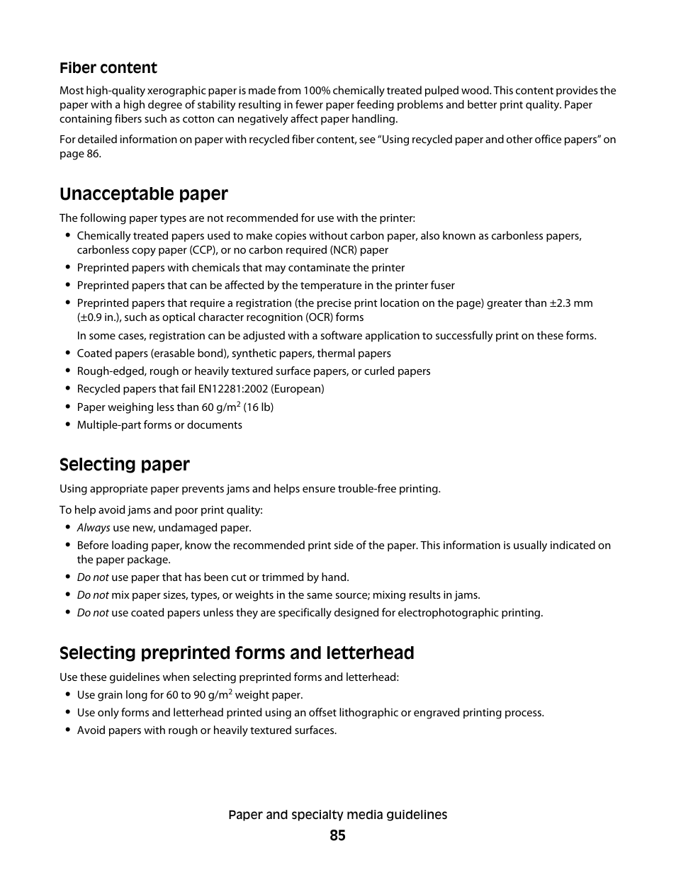 Unacceptable paper, Selecting paper, Selecting preprinted forms and letterhead | Dell 5535dn Mono Laser MFP User Manual | Page 85 / 302