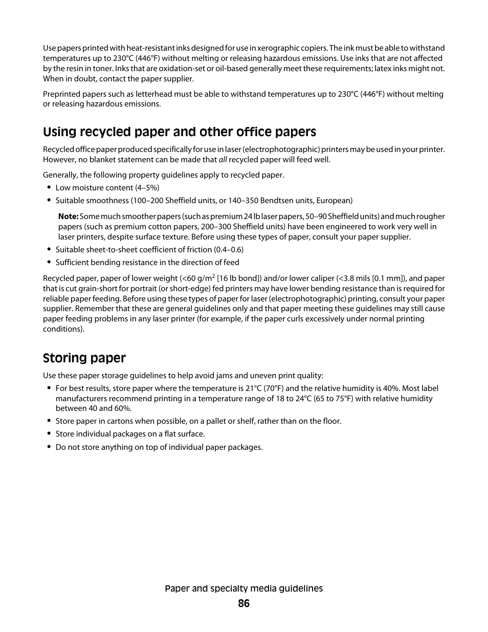 Using recycled paper and other office papers, Storing paper | Dell 5535dn Mono Laser MFP User Manual | Page 86 / 302