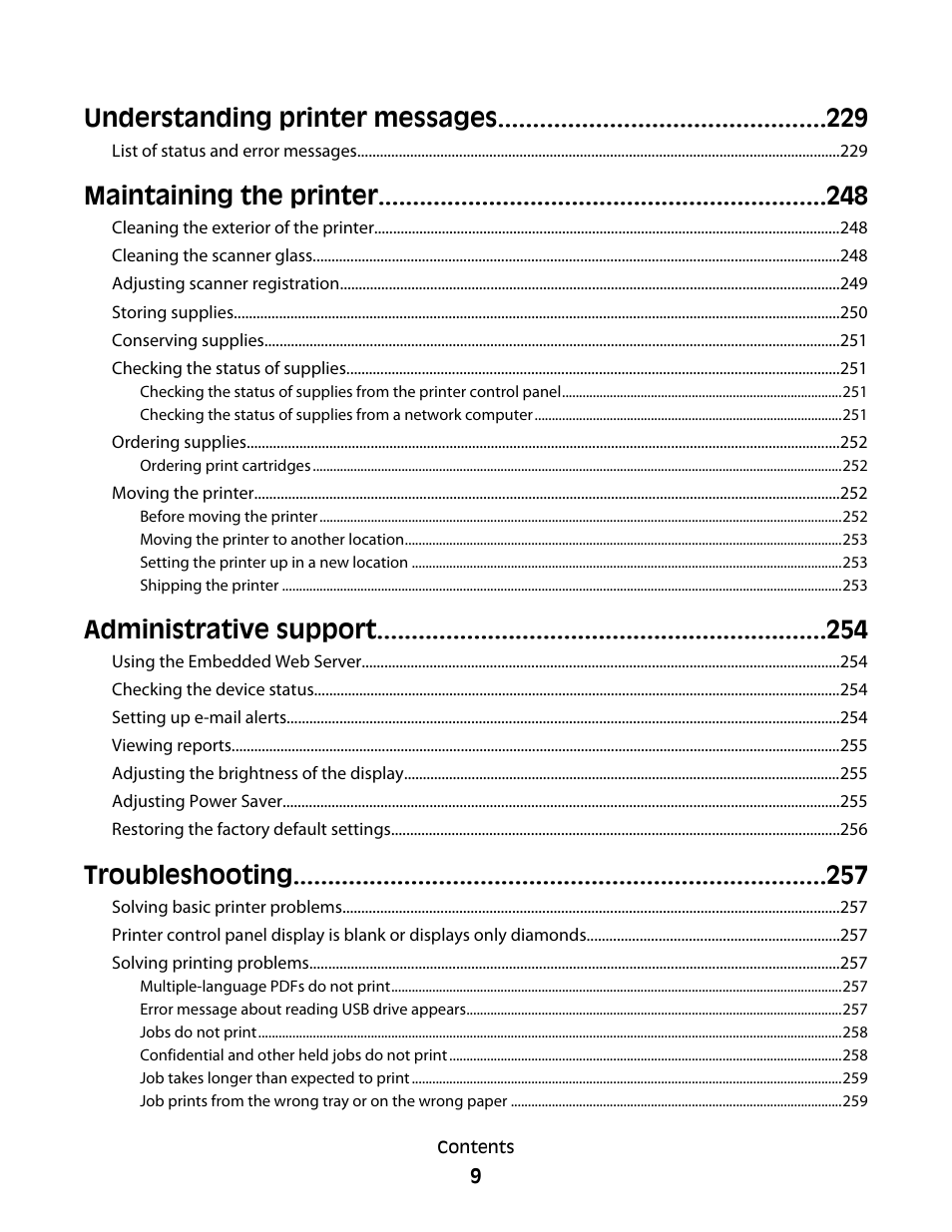 Understanding printer messages, Maintaining the printer, Administrative support | Troubleshooting | Dell 5535dn Mono Laser MFP User Manual | Page 9 / 302