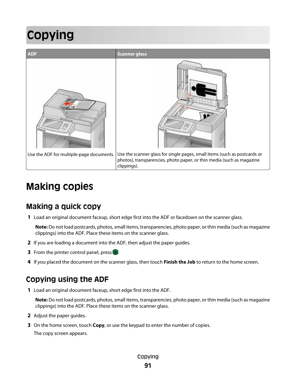 Copying, Making copies, Making a quick copy | Copying using the adf, Making a quick copy copying using the adf | Dell 5535dn Mono Laser MFP User Manual | Page 91 / 302