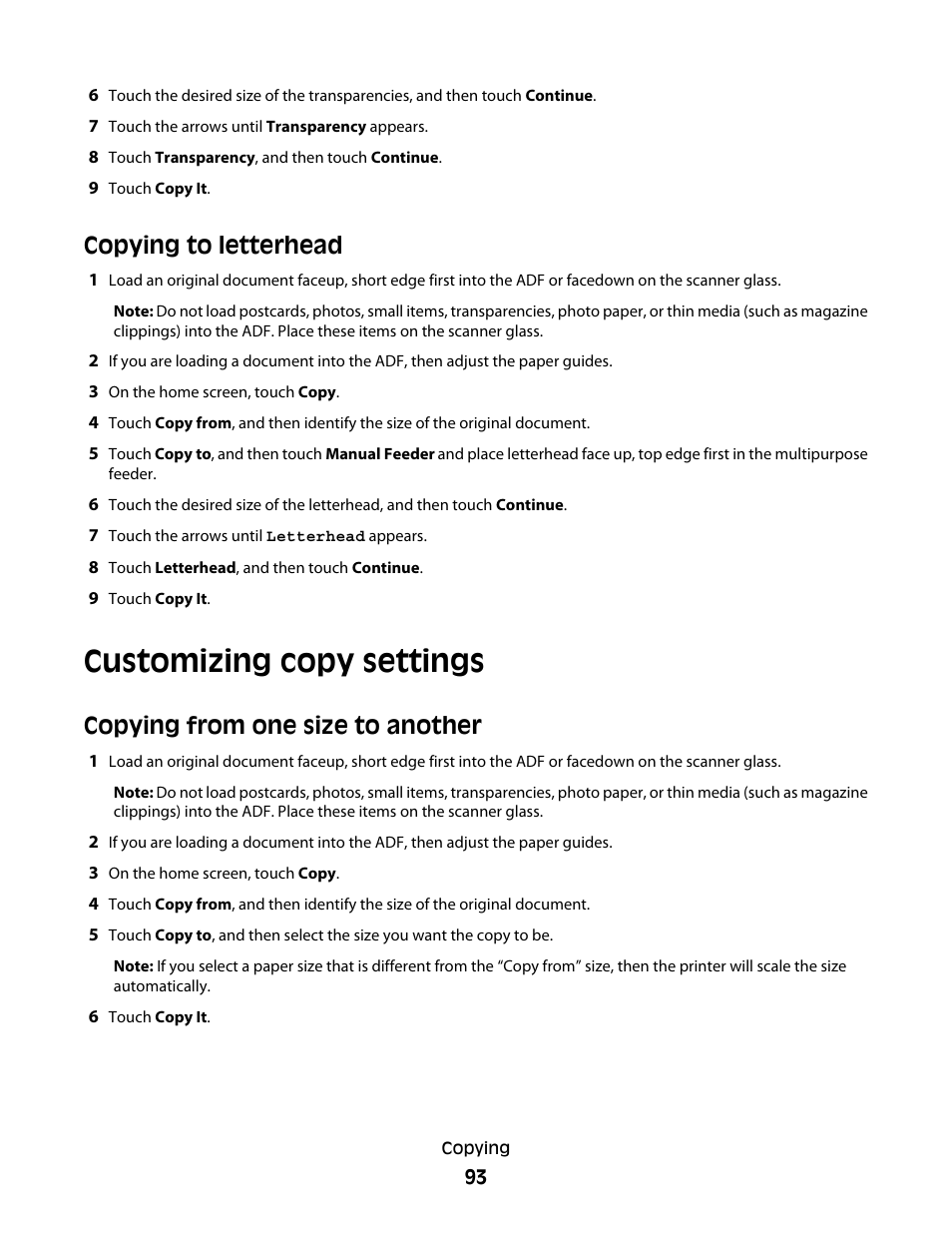 Copying to letterhead, Customizing copy settings, Copying from one size to another | Dell 5535dn Mono Laser MFP User Manual | Page 93 / 302