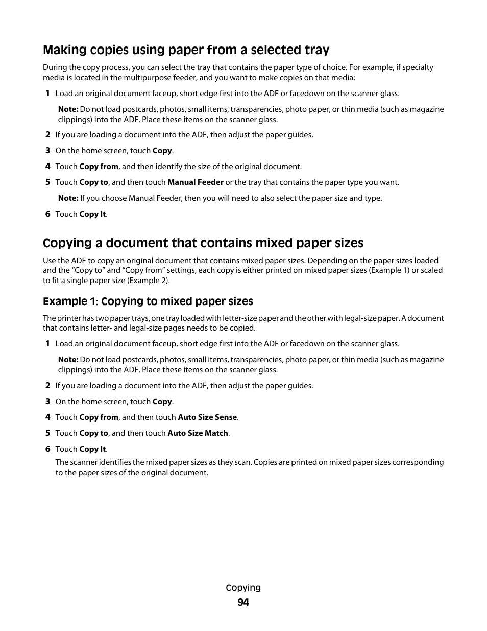 Making copies using paper from a selected tray, Copying a document that contains mixed paper sizes | Dell 5535dn Mono Laser MFP User Manual | Page 94 / 302