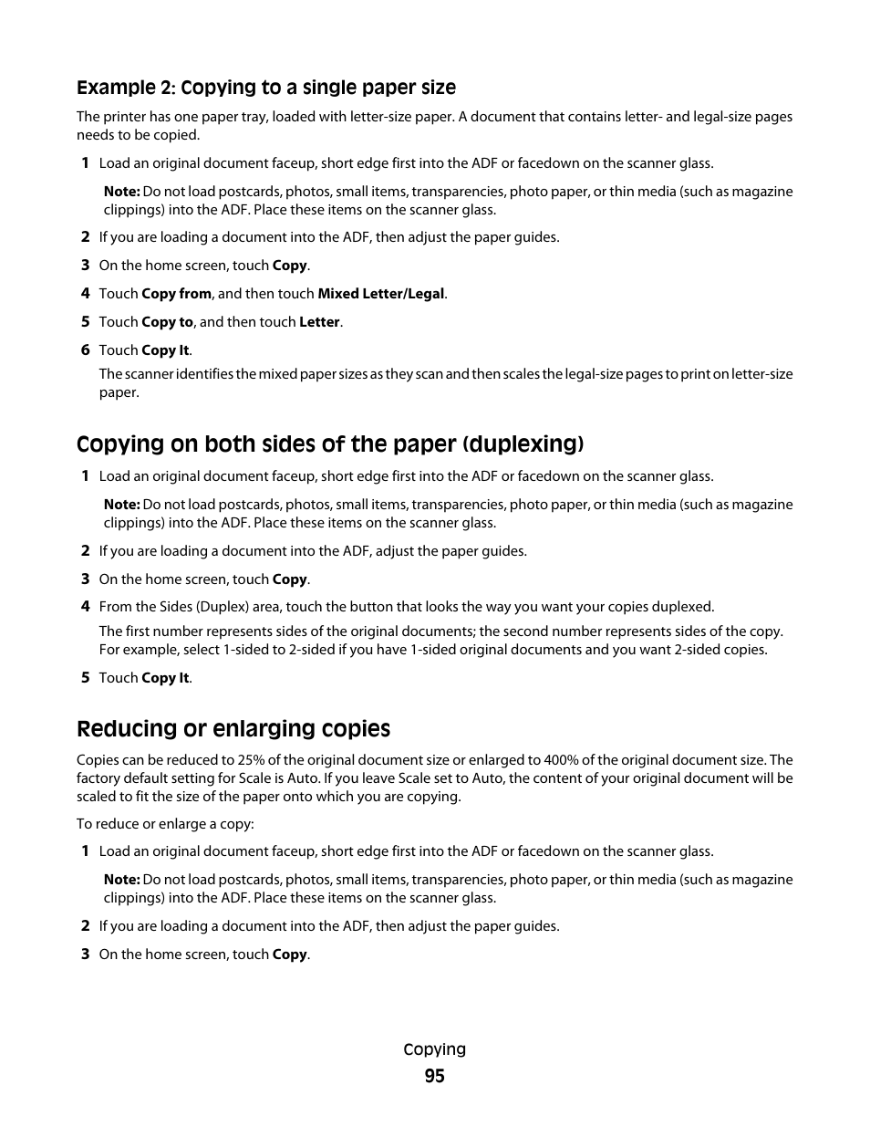 Copying on both sides of the paper (duplexing), Reducing or enlarging copies | Dell 5535dn Mono Laser MFP User Manual | Page 95 / 302