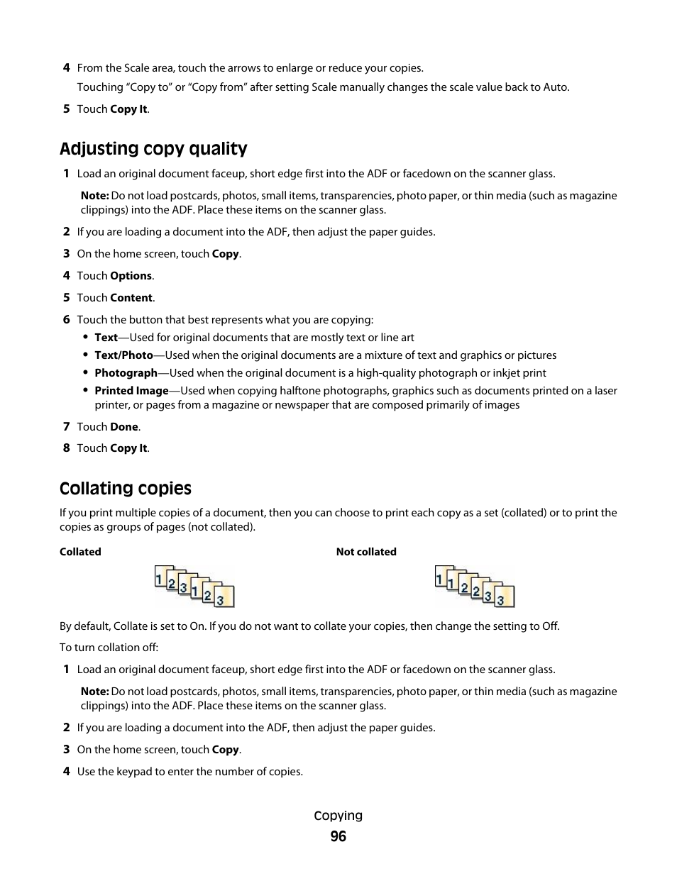 Adjusting copy quality, Collating copies, Adjusting copy quality collating copies | Dell 5535dn Mono Laser MFP User Manual | Page 96 / 302