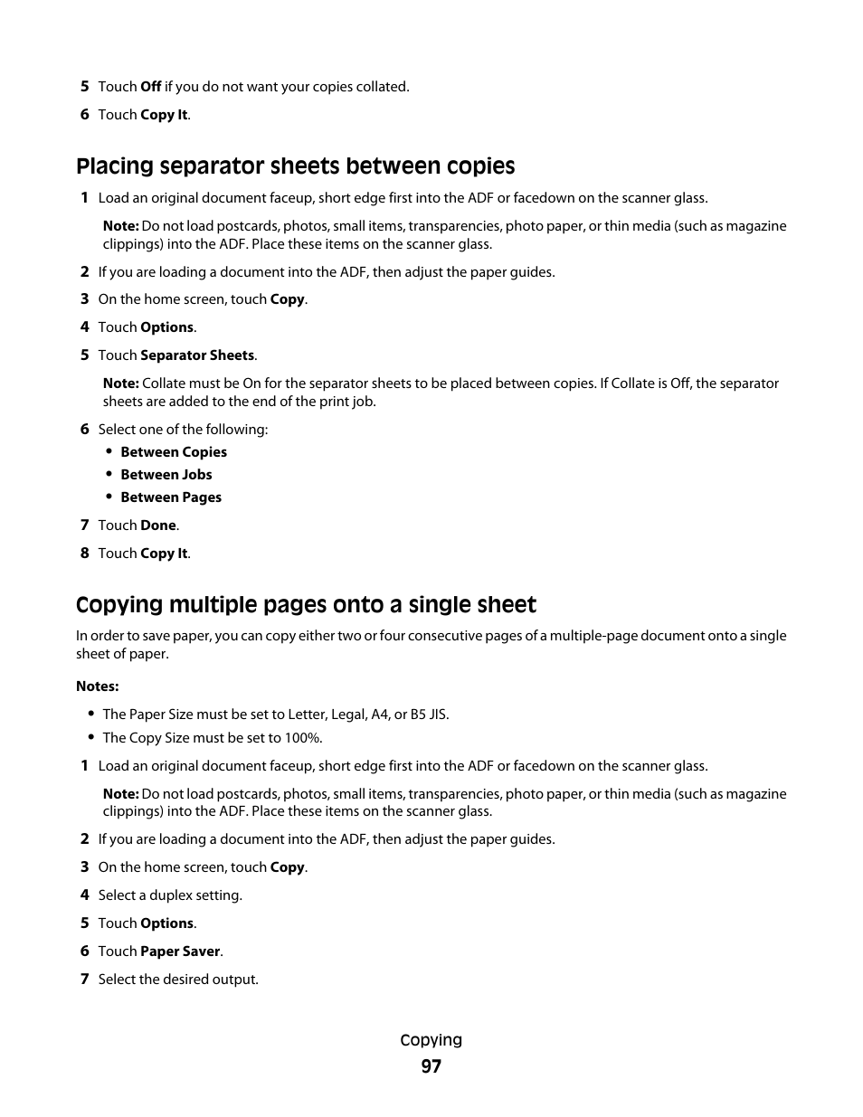 Placing separator sheets between copies, Copying multiple pages onto a single sheet | Dell 5535dn Mono Laser MFP User Manual | Page 97 / 302