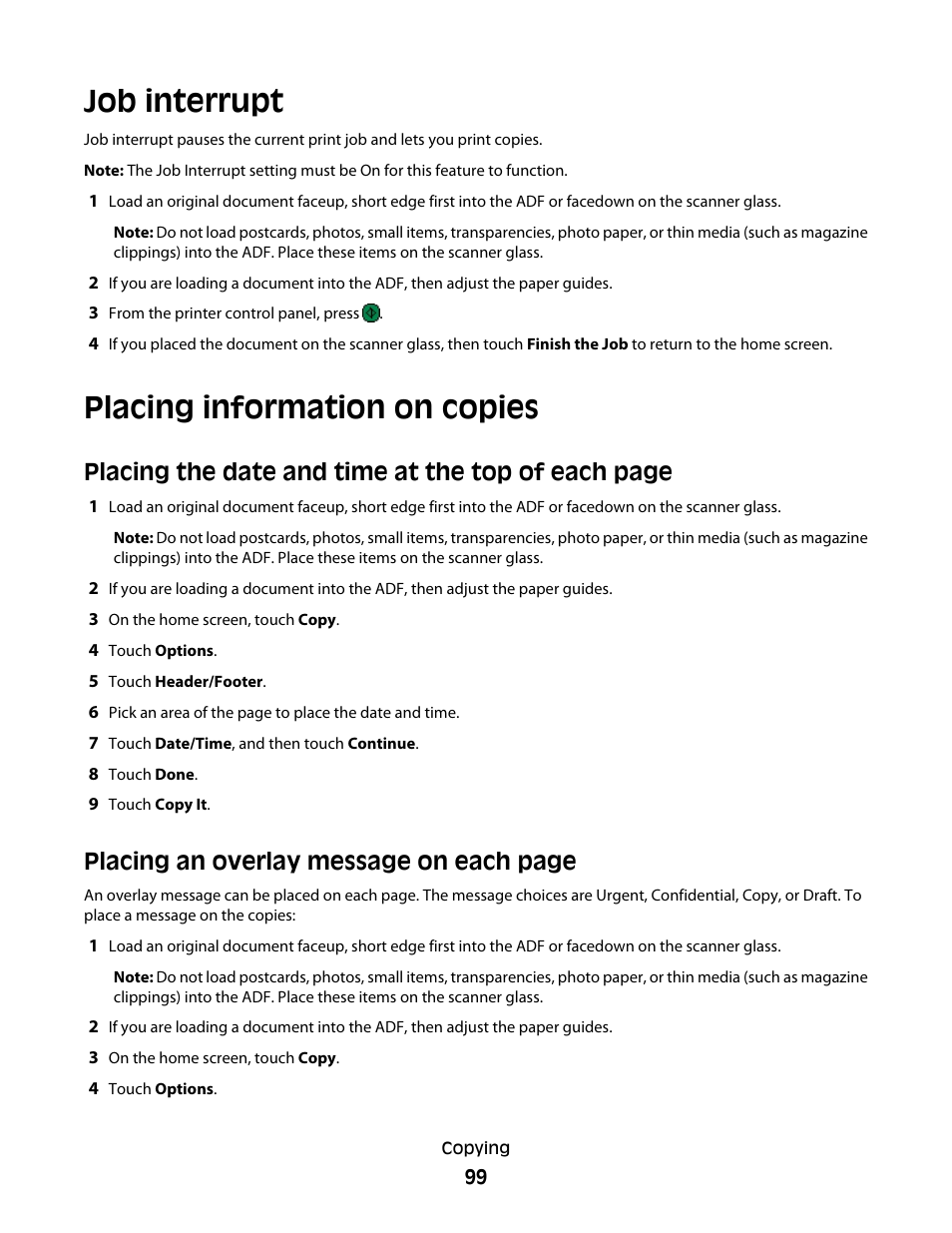 Job interrupt, Placing information on copies, Job interrupt placing information on copies | Placing the date and time at the top of each page, Placing an overlay message on each page | Dell 5535dn Mono Laser MFP User Manual | Page 99 / 302