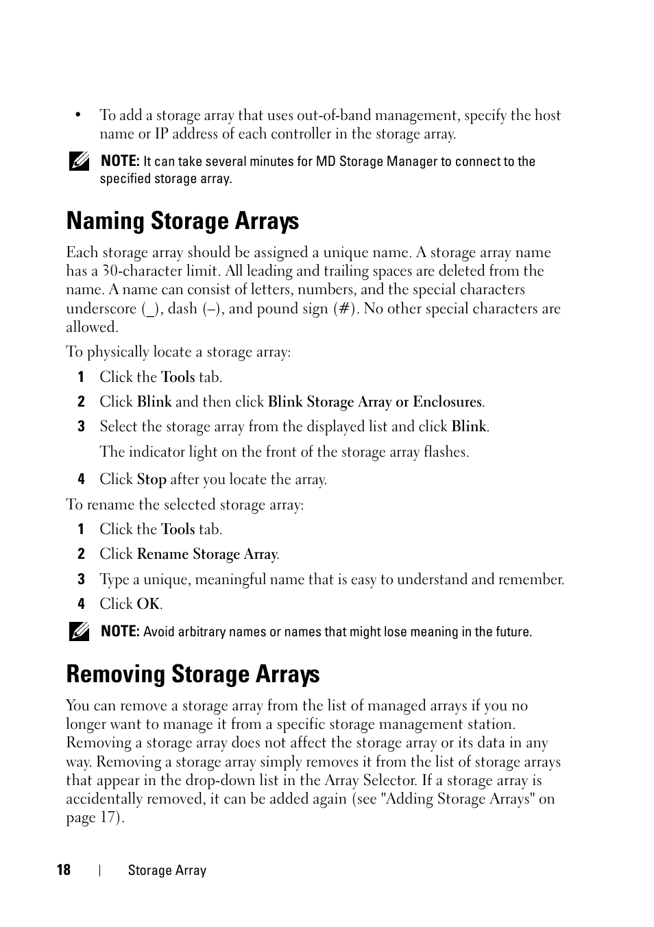 Naming storage arrays, Removing storage arrays | Dell PowerVault MD3000i User Manual | Page 18 / 120