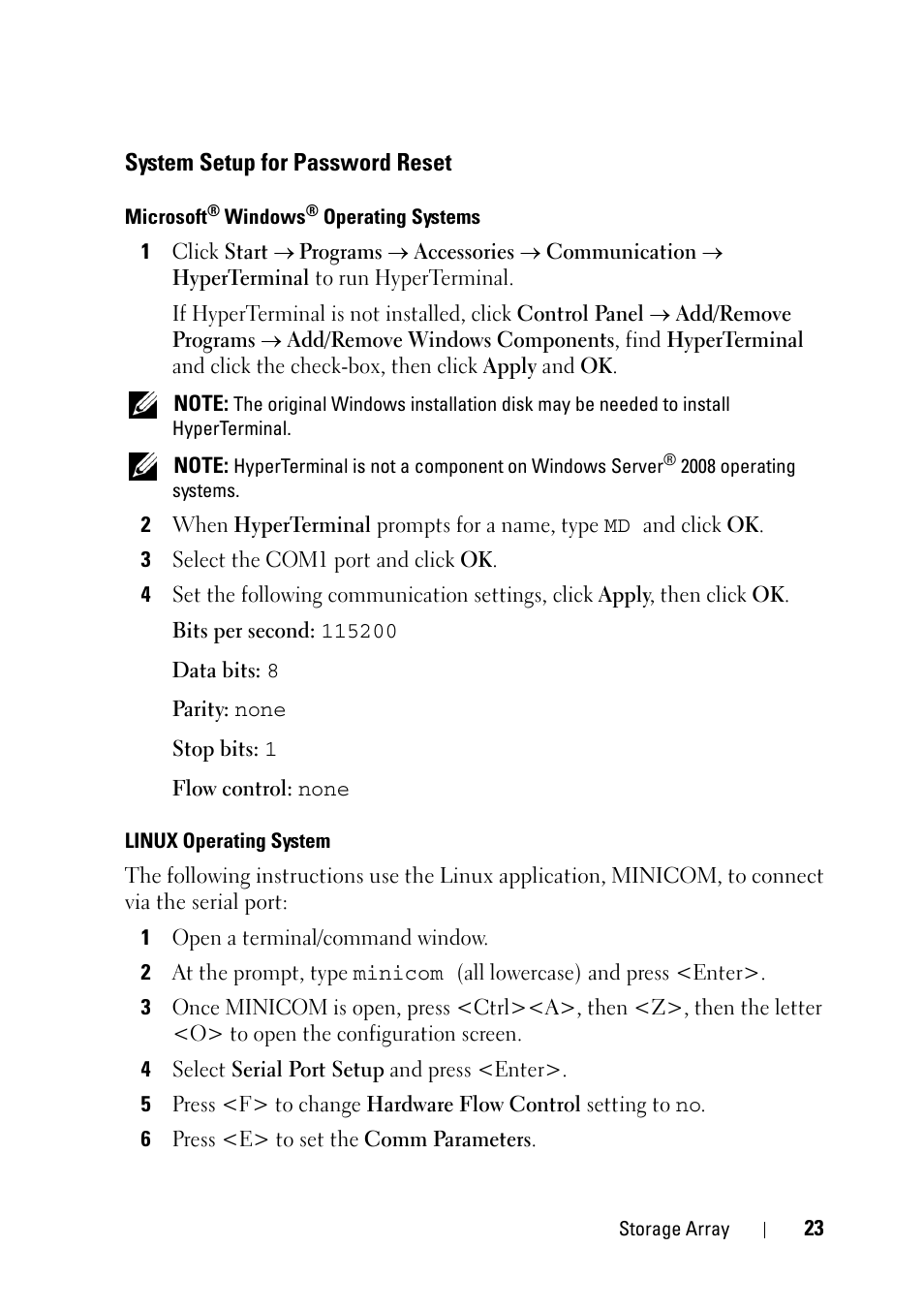 System setup for password reset | Dell PowerVault MD3000i User Manual | Page 23 / 120