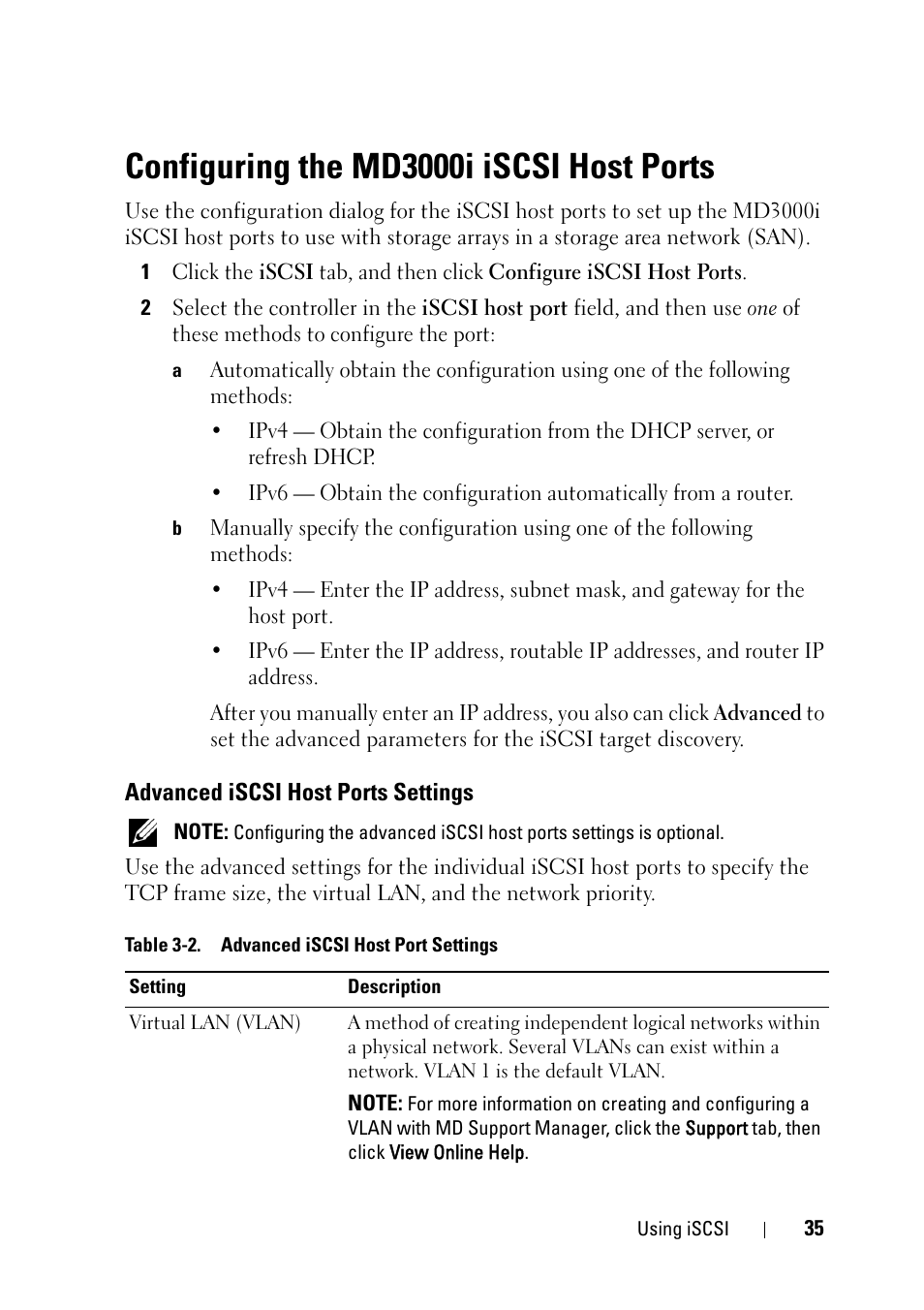 Configuring the md3000i iscsi host ports, Advanced iscsi host ports settings | Dell PowerVault MD3000i User Manual | Page 35 / 120