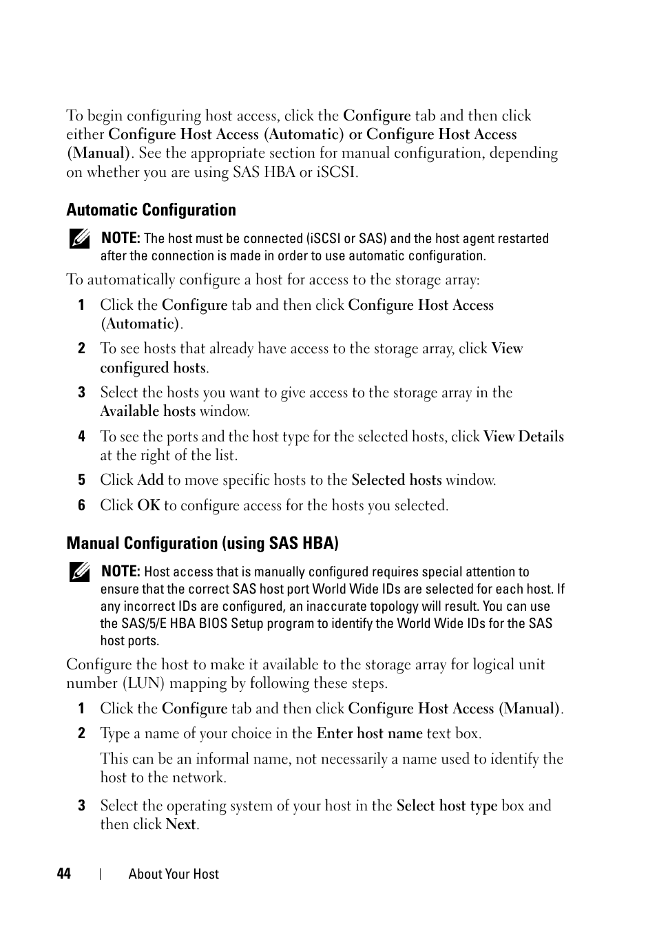 Automatic configuration, Manual configuration (using sas hba) | Dell PowerVault MD3000i User Manual | Page 44 / 120