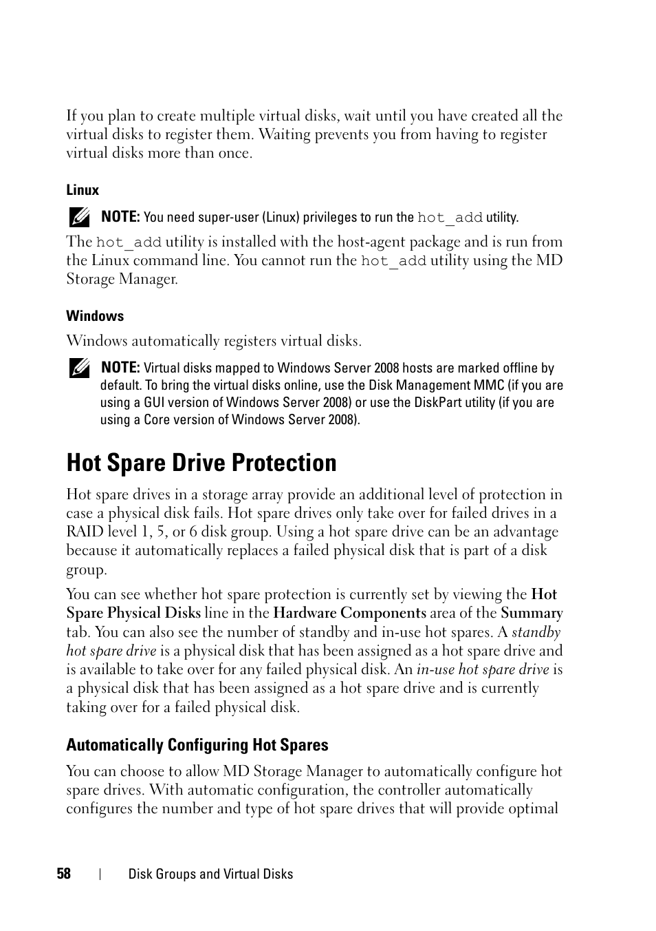 Hot spare drive protection, Automatically configuring hot spares | Dell PowerVault MD3000i User Manual | Page 58 / 120