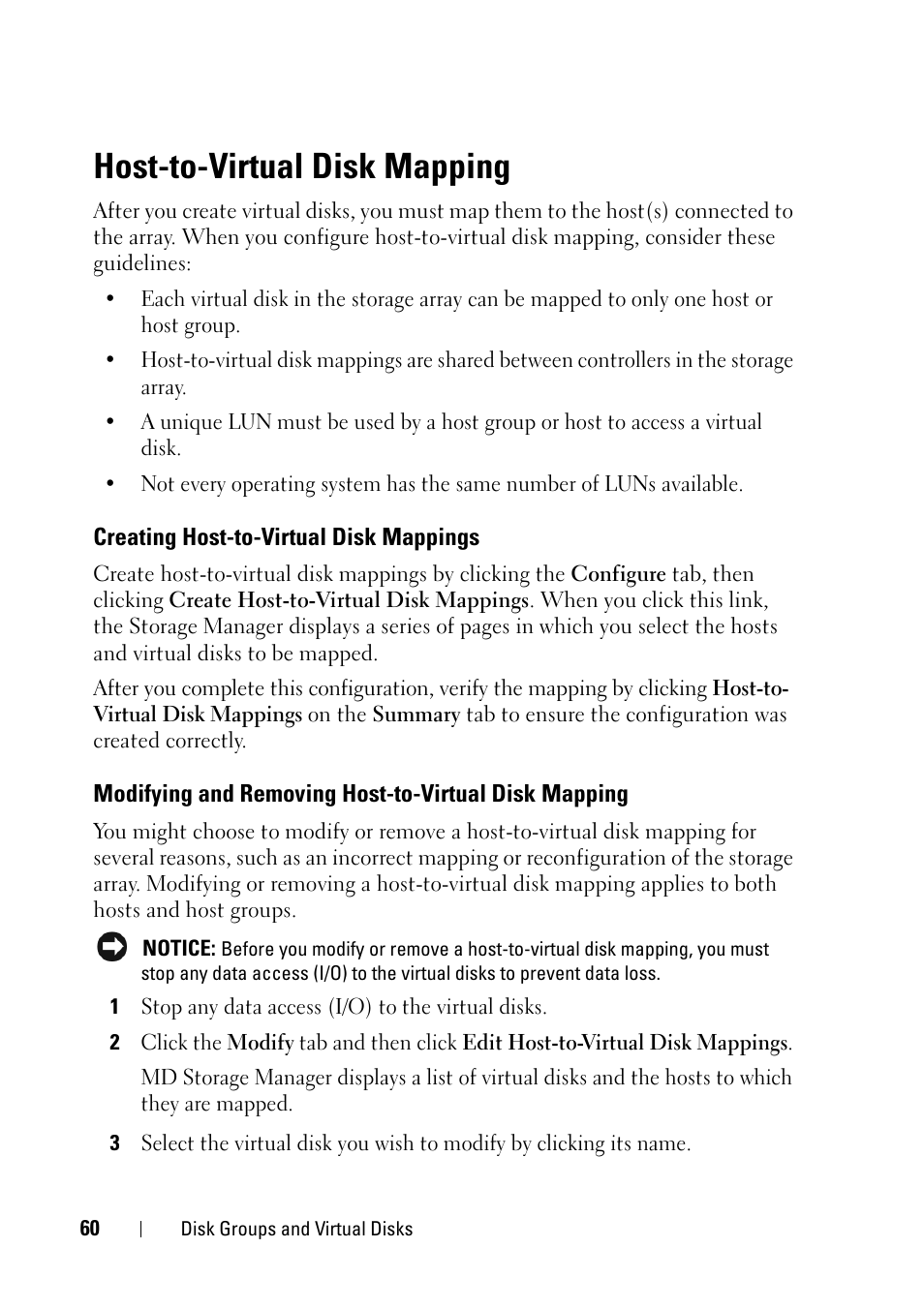 Host-to-virtual disk mapping, Creating host-to-virtual disk mappings, Modifying and removing host-to-virtual | Disk mapping, Sk mappings — see "creating | Dell PowerVault MD3000i User Manual | Page 60 / 120