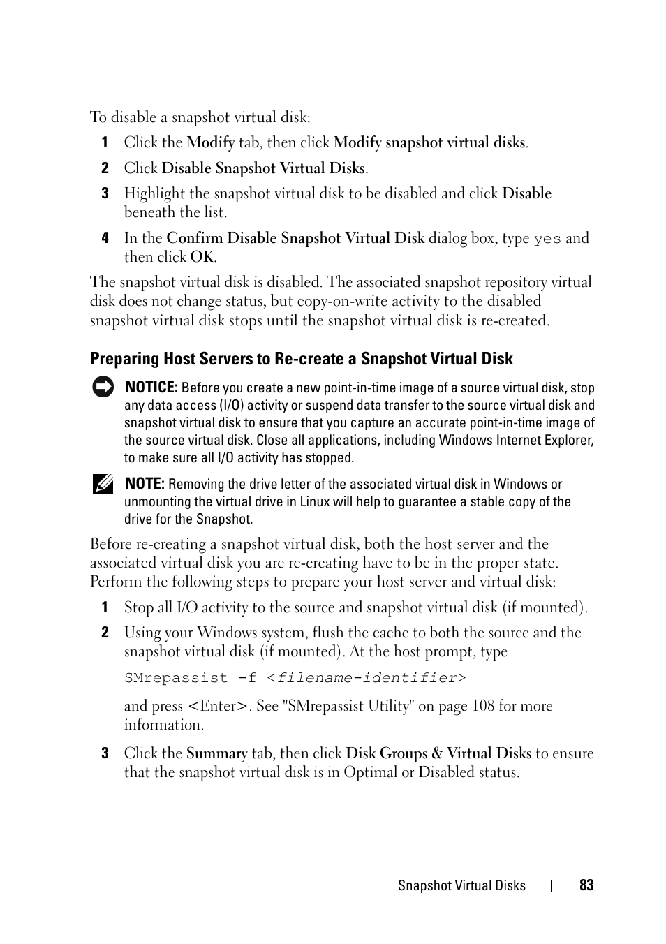 Preparing host servers to re-create a, Snapshot virtual disk | Dell PowerVault MD3000i User Manual | Page 83 / 120