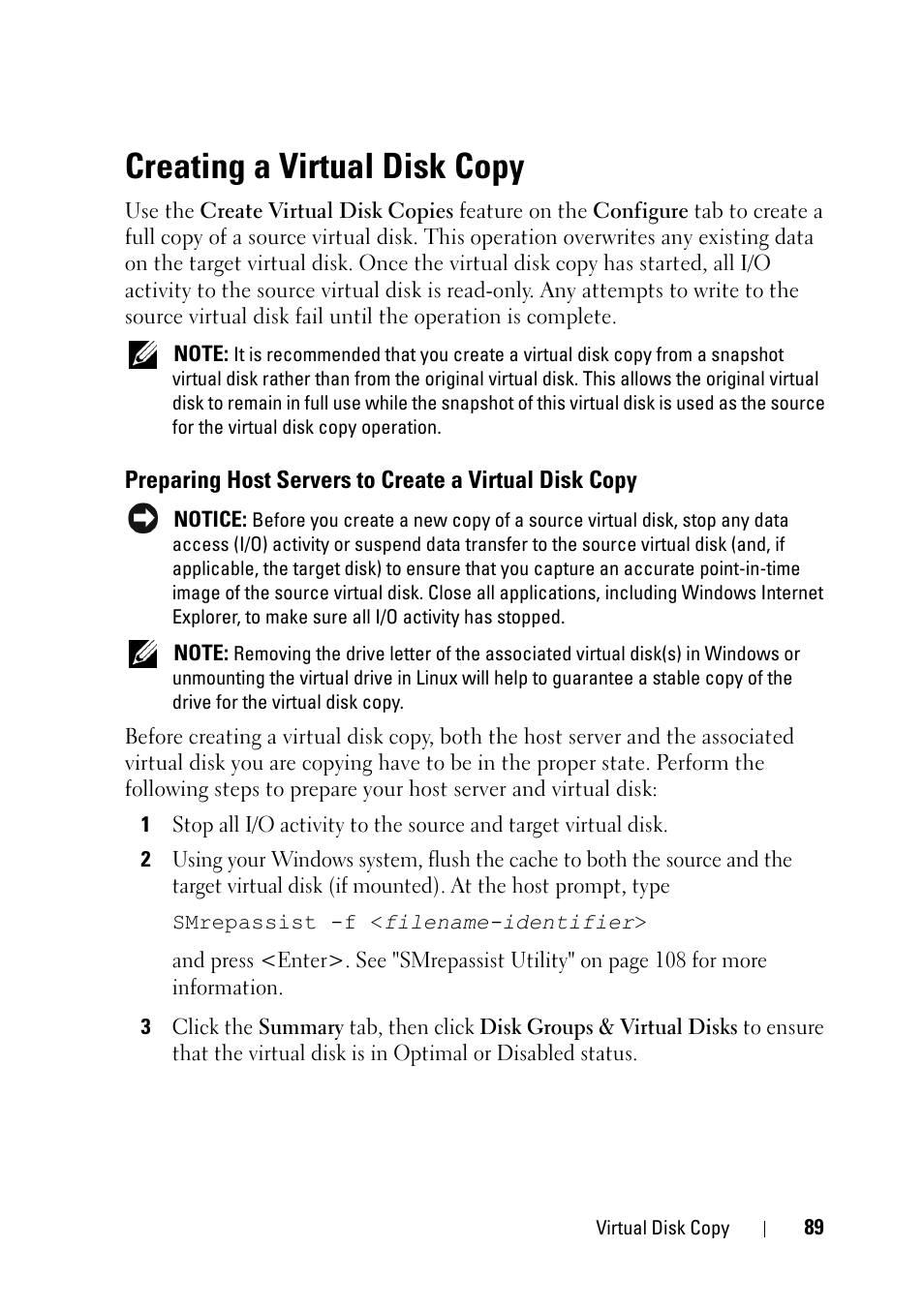 Creating a virtual disk copy, Preparing host servers to create a virtual, Disk copy | Dell PowerVault MD3000i User Manual | Page 89 / 120