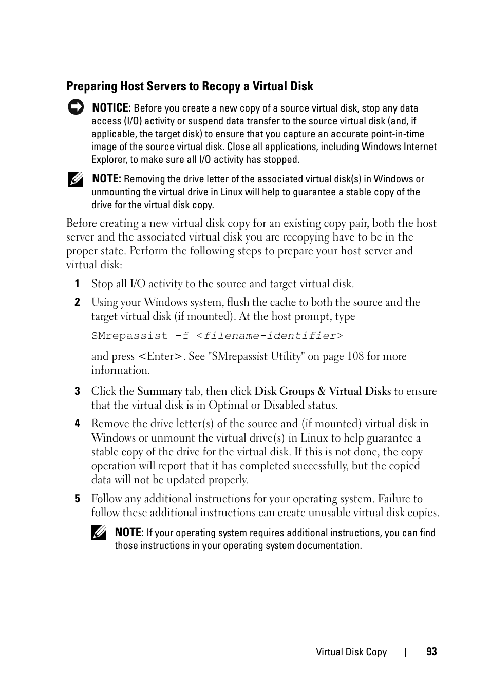 Preparing host servers to recopy a virtual disk, Preparing host servers to recopy a, Virtual disk | Dell PowerVault MD3000i User Manual | Page 93 / 120
