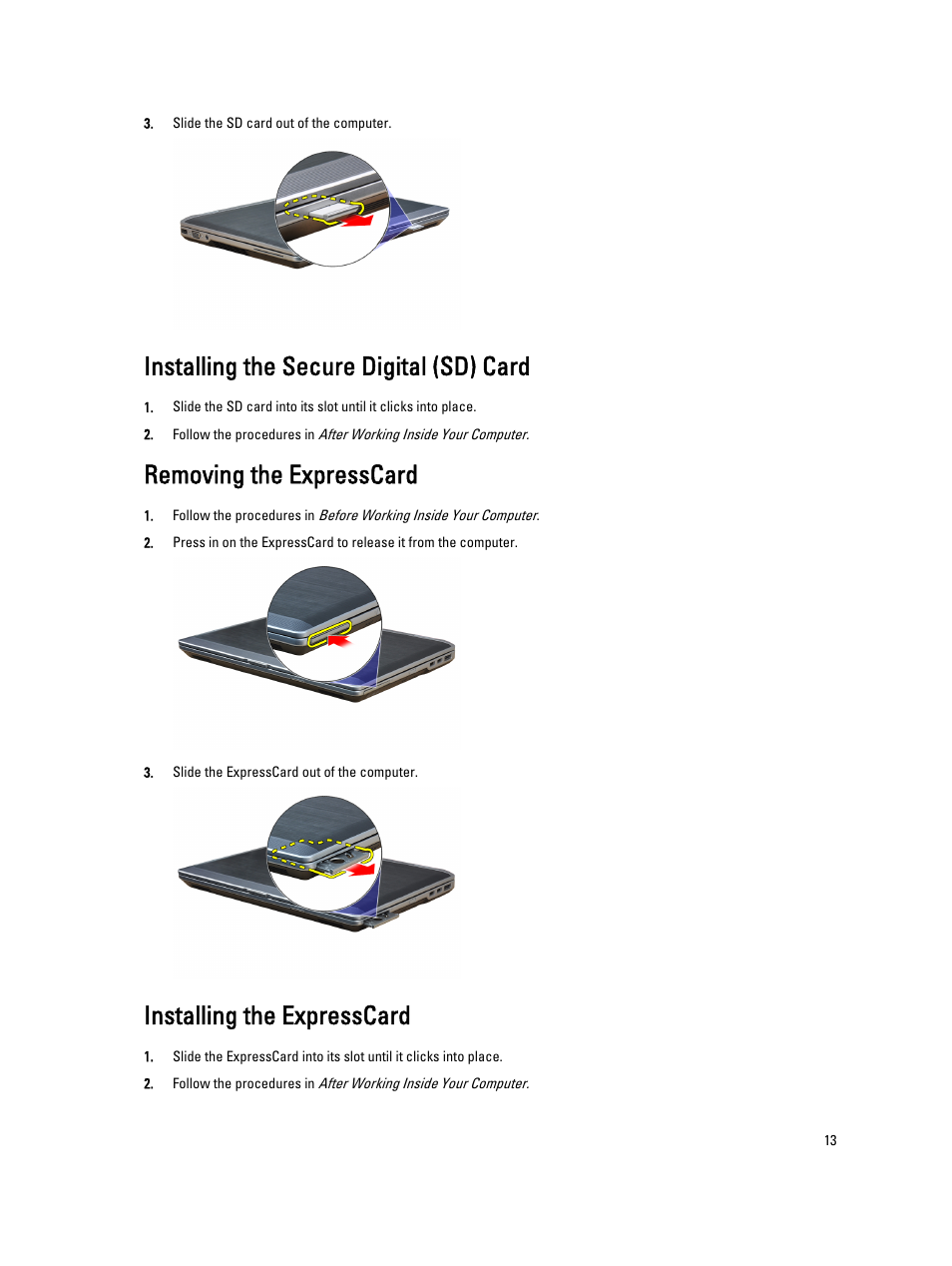 Installing the secure digital (sd) card, Removing the expresscard, Installing the expresscard | Dell Latitude E6430 (Mid 2012) User Manual | Page 13 / 87