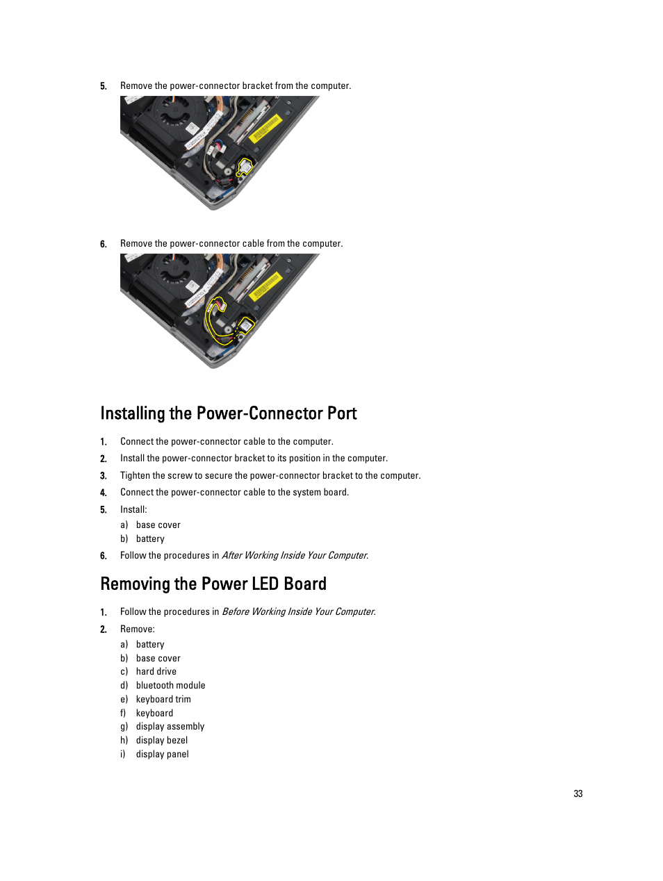 Installing the power-connector port, Removing the power led board | Dell Latitude E6430 (Mid 2012) User Manual | Page 33 / 87